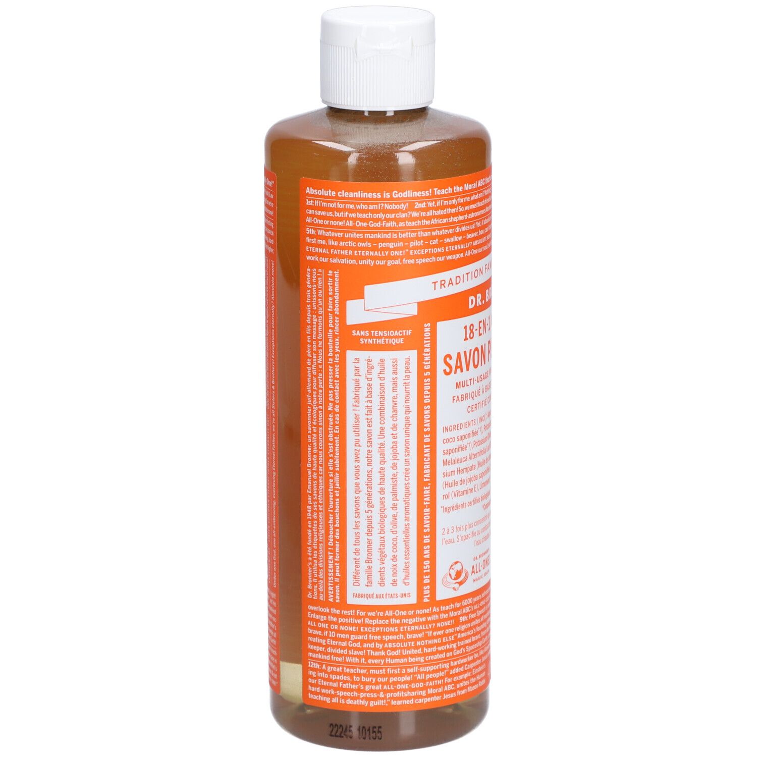 Vue arrière d'une bouteille de savon liquide brun à bouchon blanc. Texte orange: DR. BRONNER'S. Contient des informations sur les ingrédients et la fabrication.
