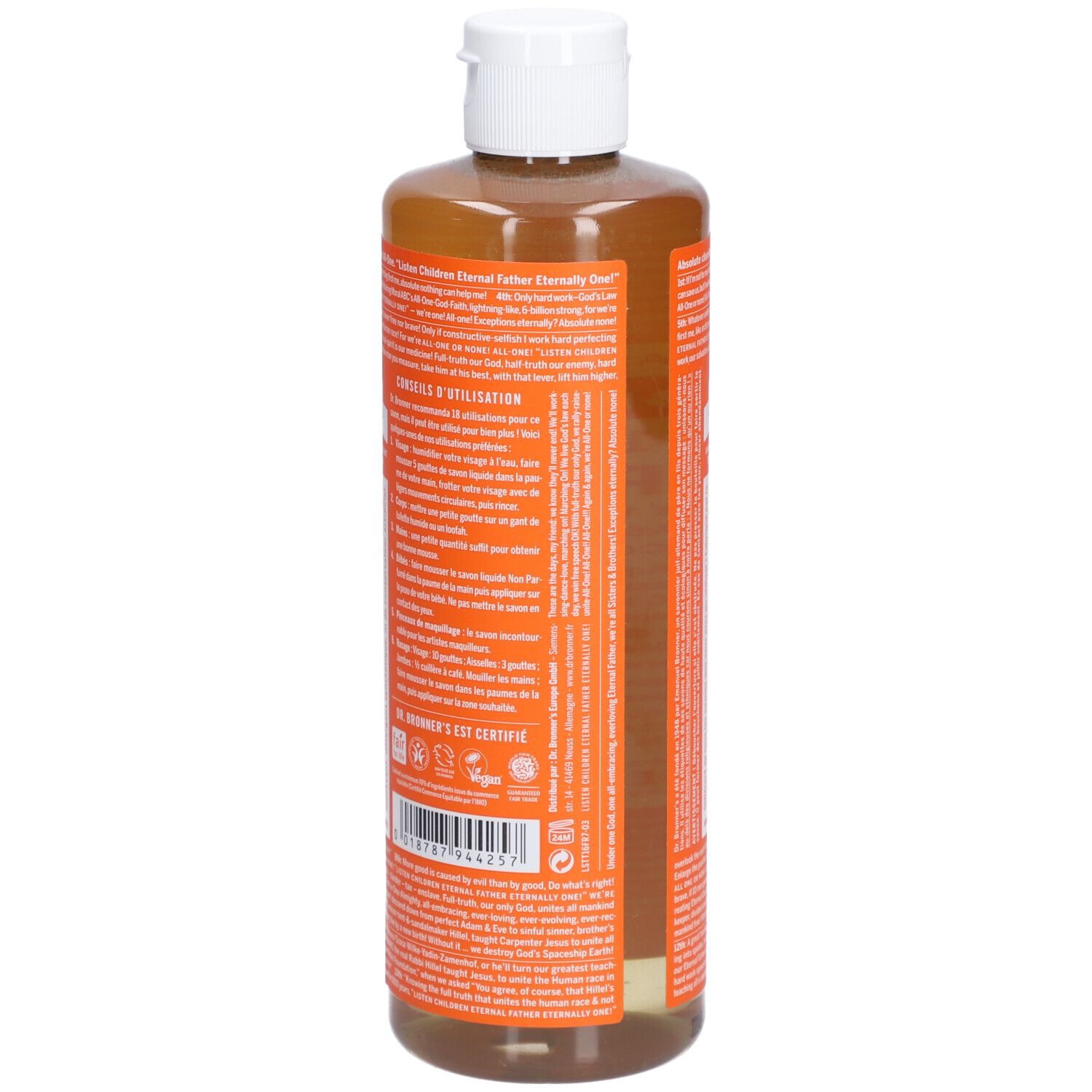 Vue arrière d'une bouteille de savon liquide brun à bouchon blanc. Texte orange: DR. BRONNER'S. Contient des informations sur l'utilisation et les certifications.