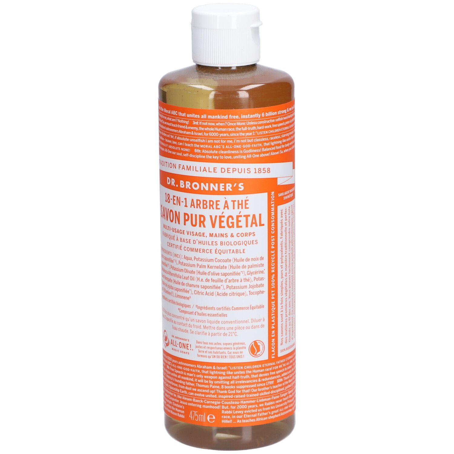 Savon liquide brun en bouteille à bouchon blanc. Inscription: DR. BRONNER'S 18-EN-1 Savon Pur Végétal. Produit certifié commerce équitable.