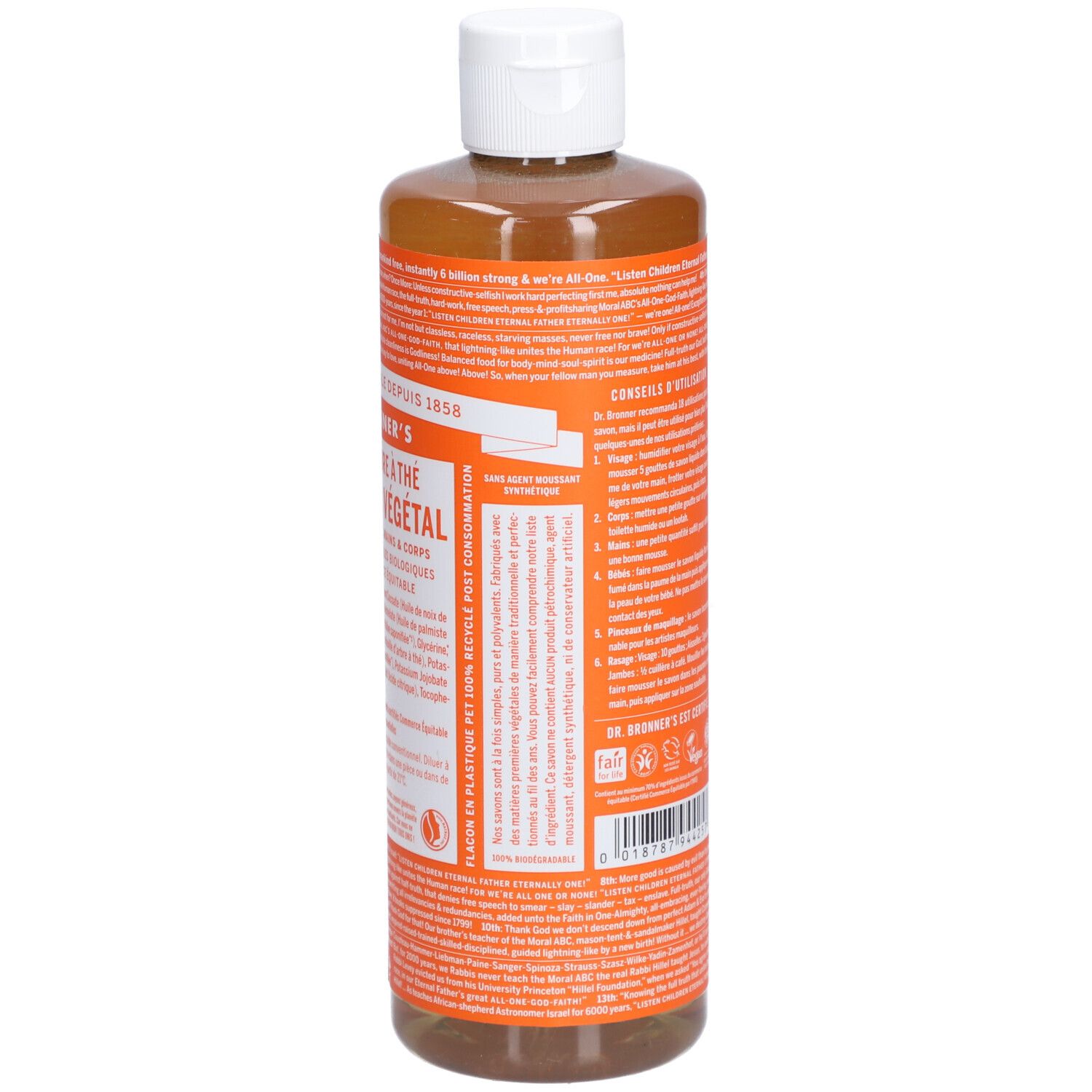 Vue arrière d'une bouteille de savon liquide brun à bouchon blanc. Texte orange: DR. BRONNER'S. Contient des informations sur l'emballage et le recyclage.