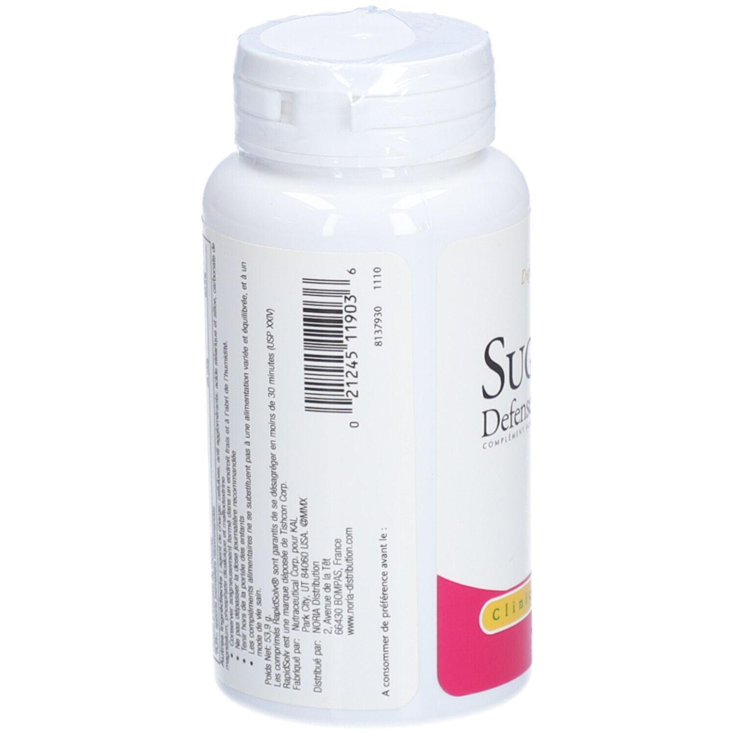 Dos d'un flacon blanc. Code-barres et texte. Inscription: Sugar Defense. Logo: Clinical Lifestyles.