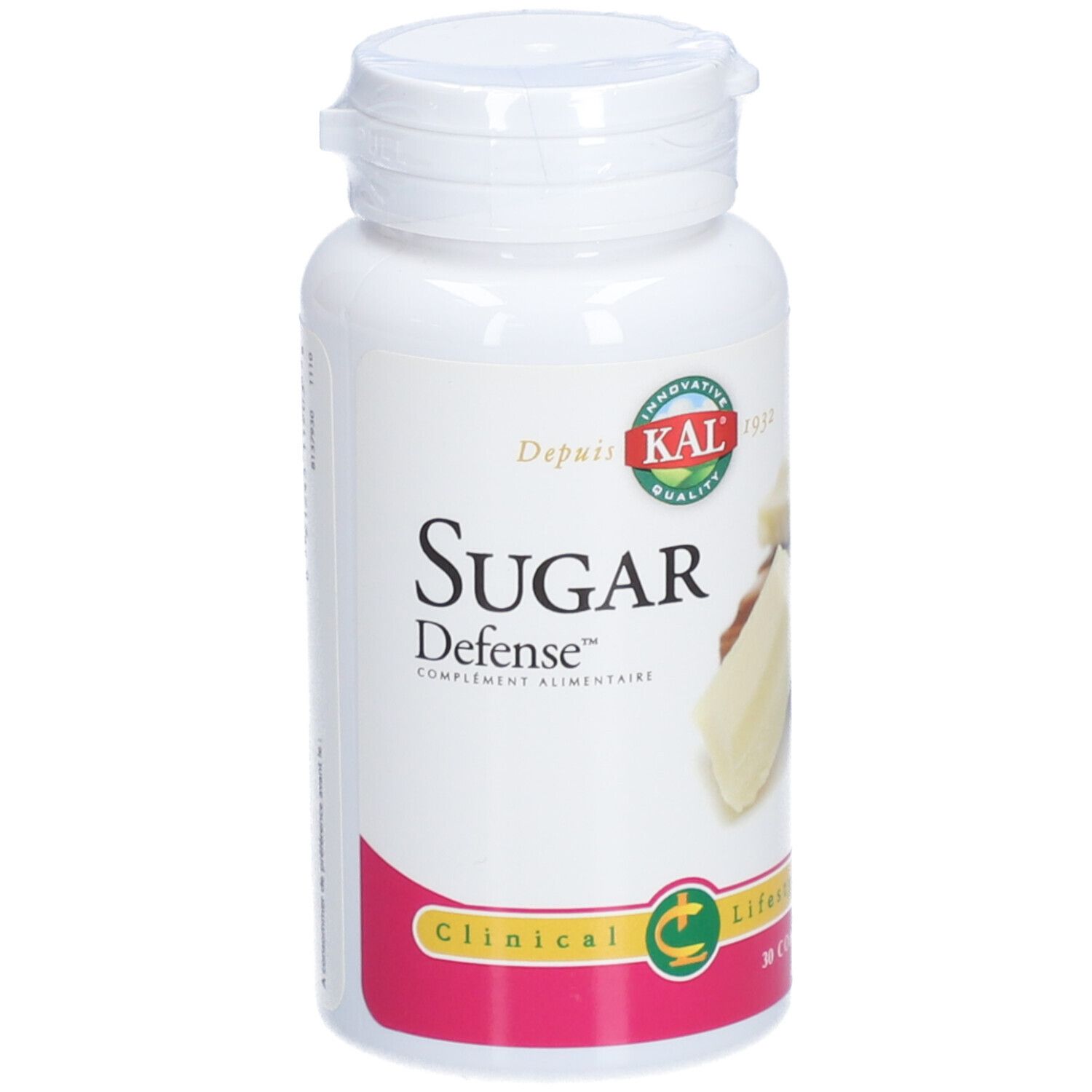 Flacon blanc avec bouchon. Inscription: Sugar Defense, 30 comprimés. Logo: KAL. Illustration de chocolat.