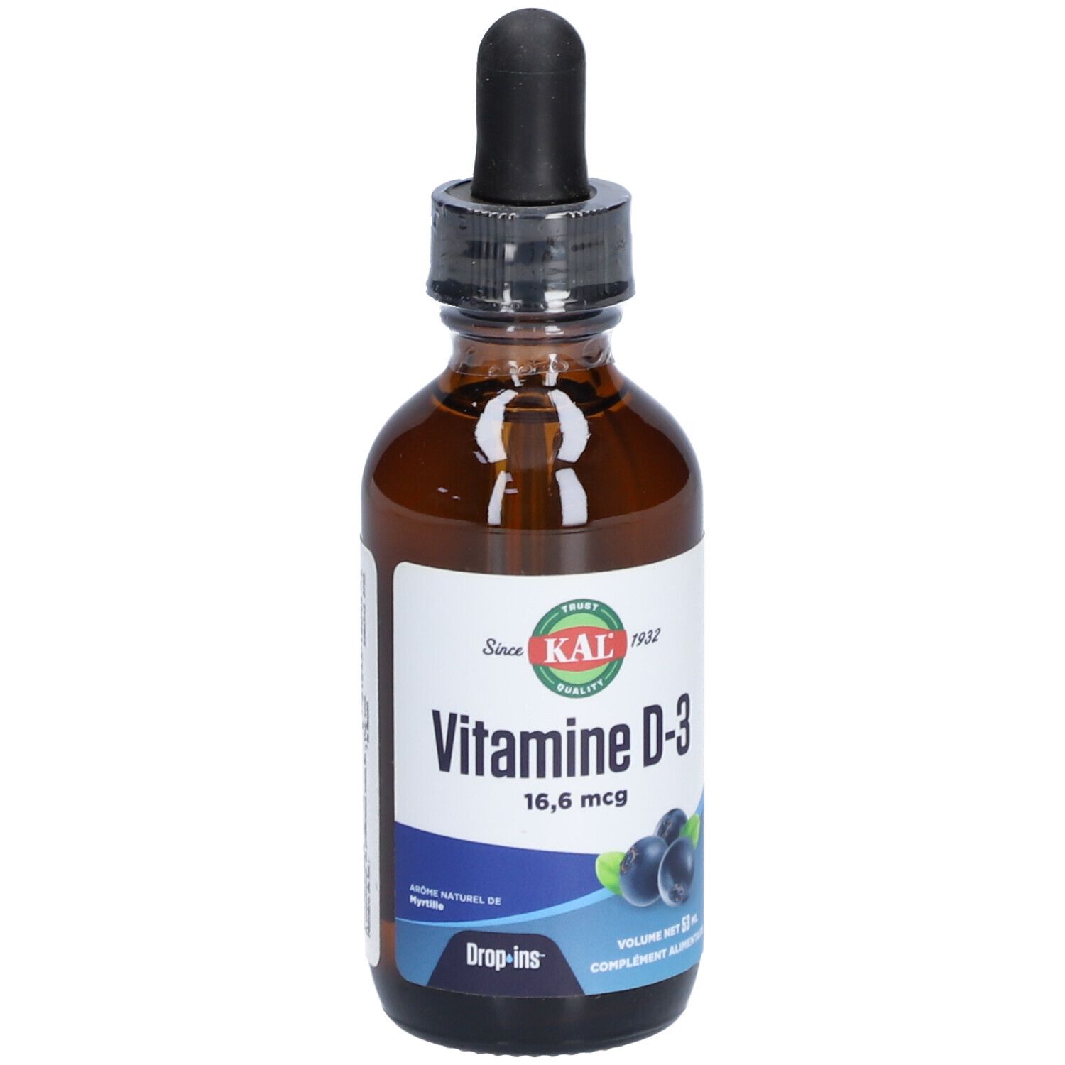 Flacon en verre brun avec compte-gouttes. Inscription: Vitamine D-3, 16,6 mcg. Étiquettes bleues et blanches. Symbole de goutte. Logo KAL.