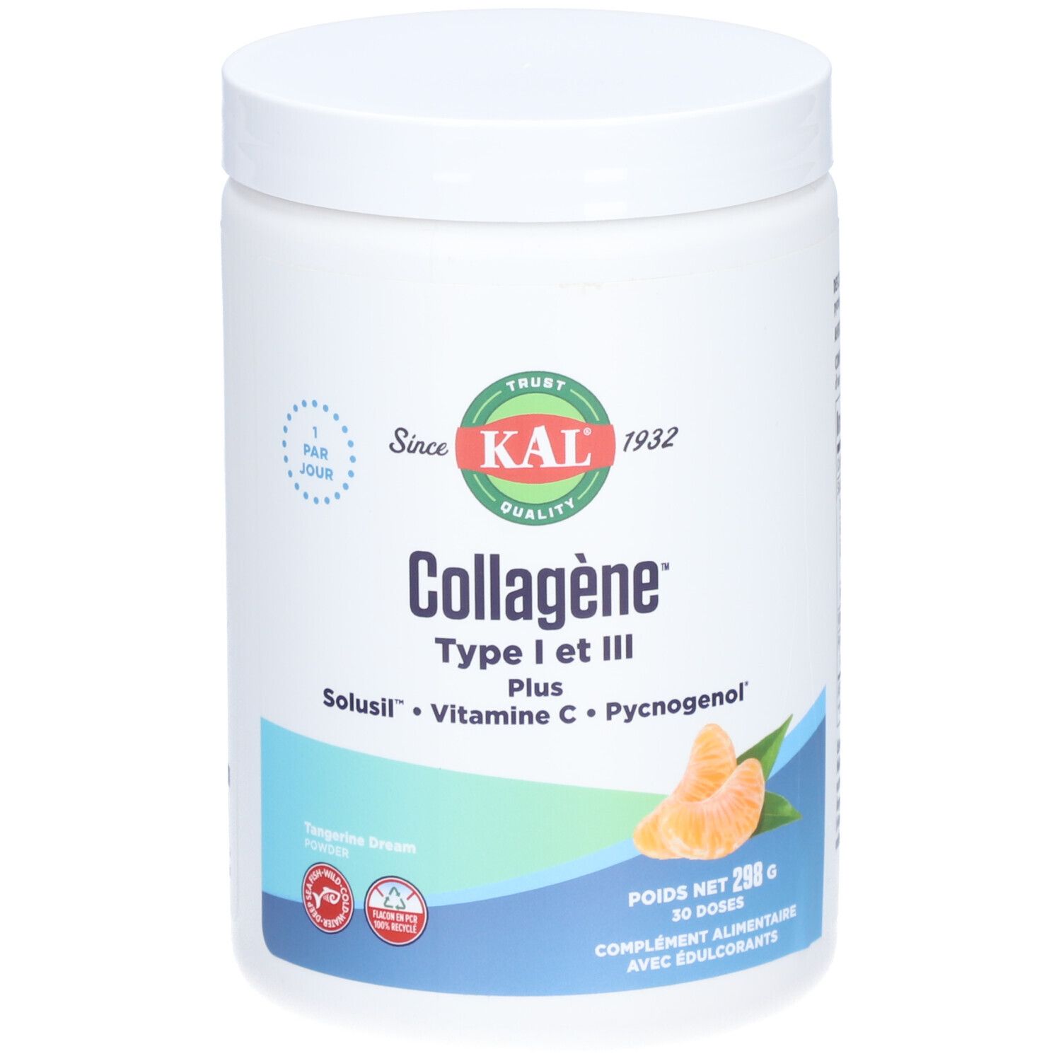 Boîte blanche "KAL Collagène Type I et III Plus". Contient Vitamine C et Pycnogenol. Image d'une mandarine.