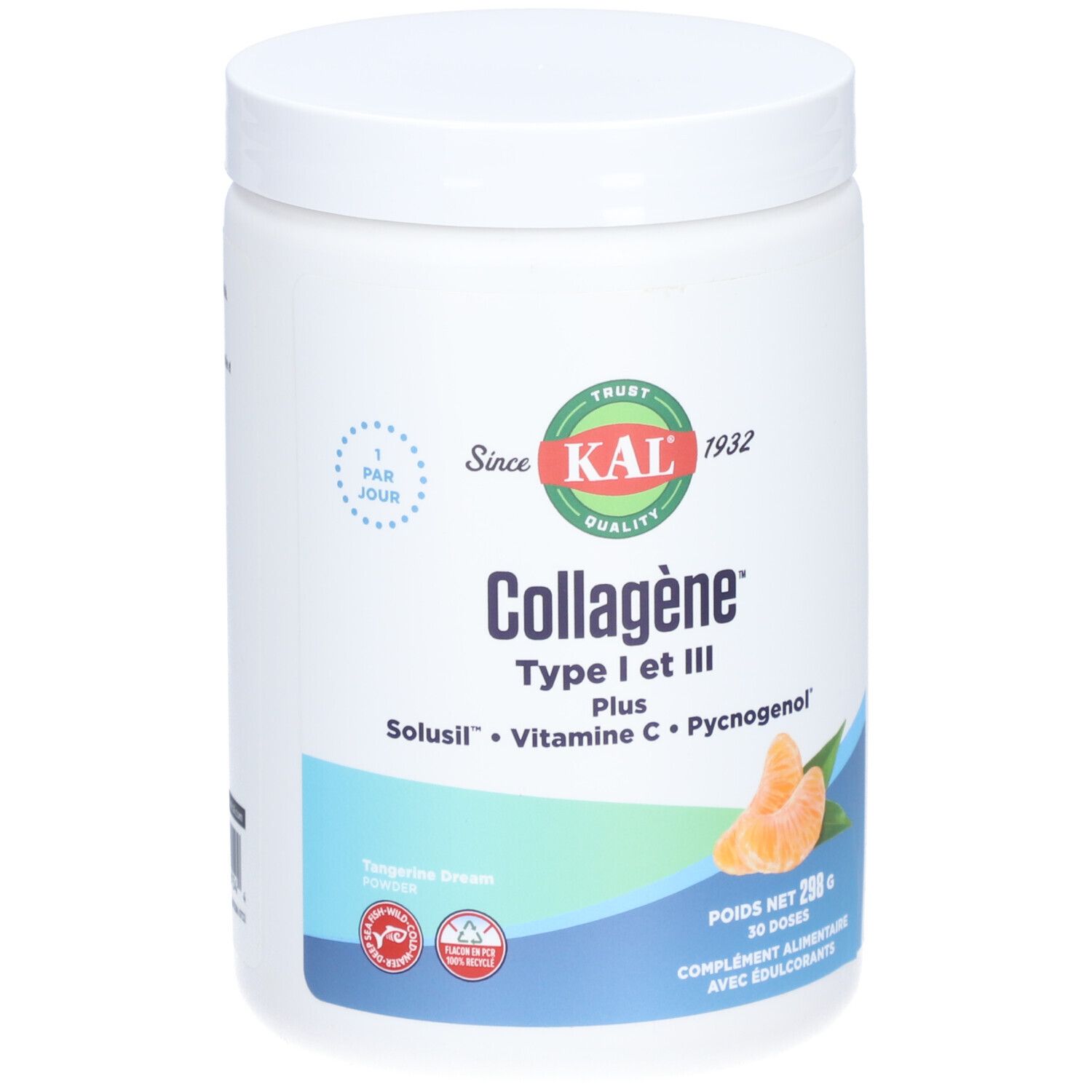 Boîte blanche "KAL Collagène Type I et III Plus". Contient Vitamine C et Pycnogenol. Image d'une mandarine.