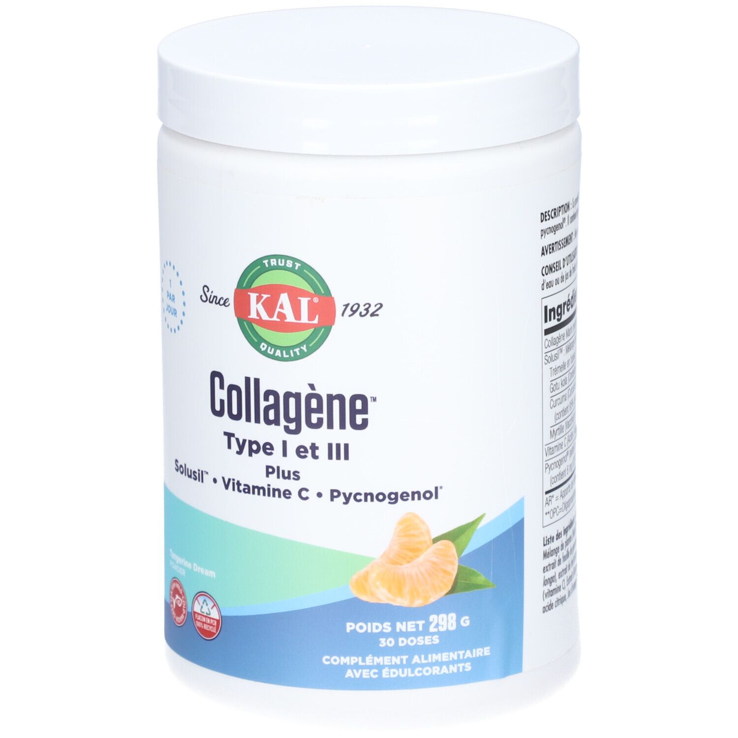 Boîte blanche "KAL Collagène Type I et III Plus". Contient Vitamine C et Pycnogenol. Image d'une mandarine.