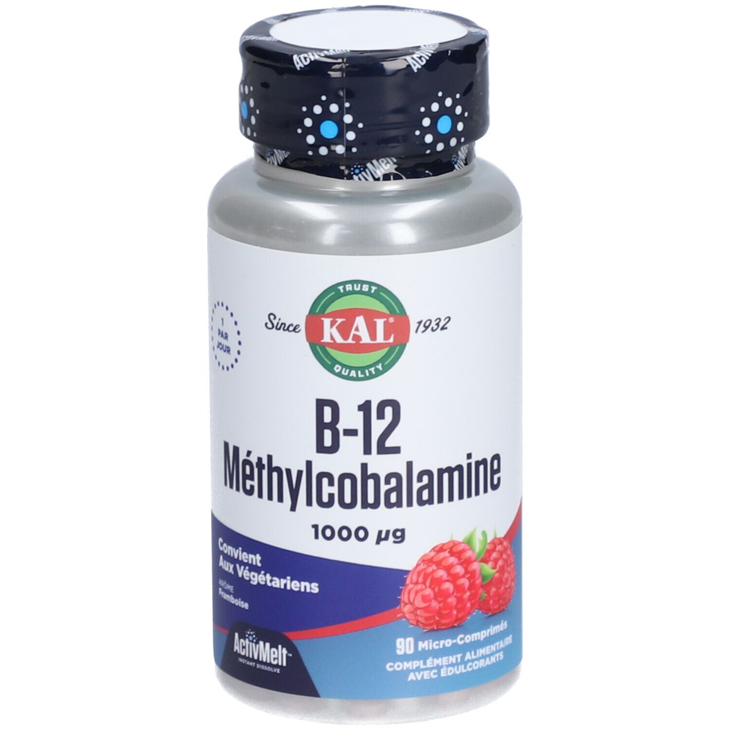 Flacon cylindrique de B-12 Méthylcobalamine. Inscription 'KAL' et framboises. Bouchon à pois bleus.