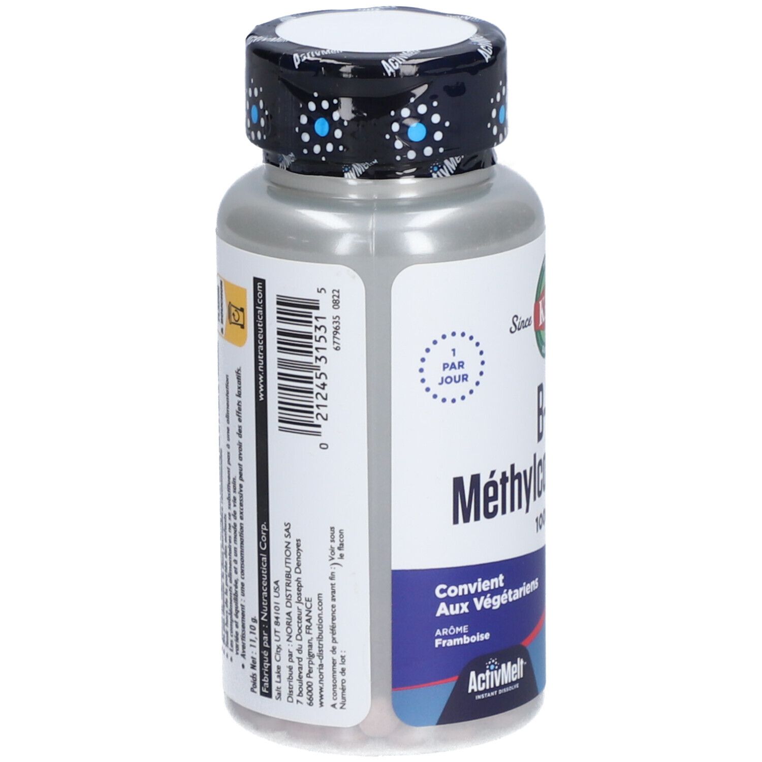 Dos du flacon de B-12 Méthylcobalamine. Étiquette avec informations et code-barres. Bouchon à pois bleus.