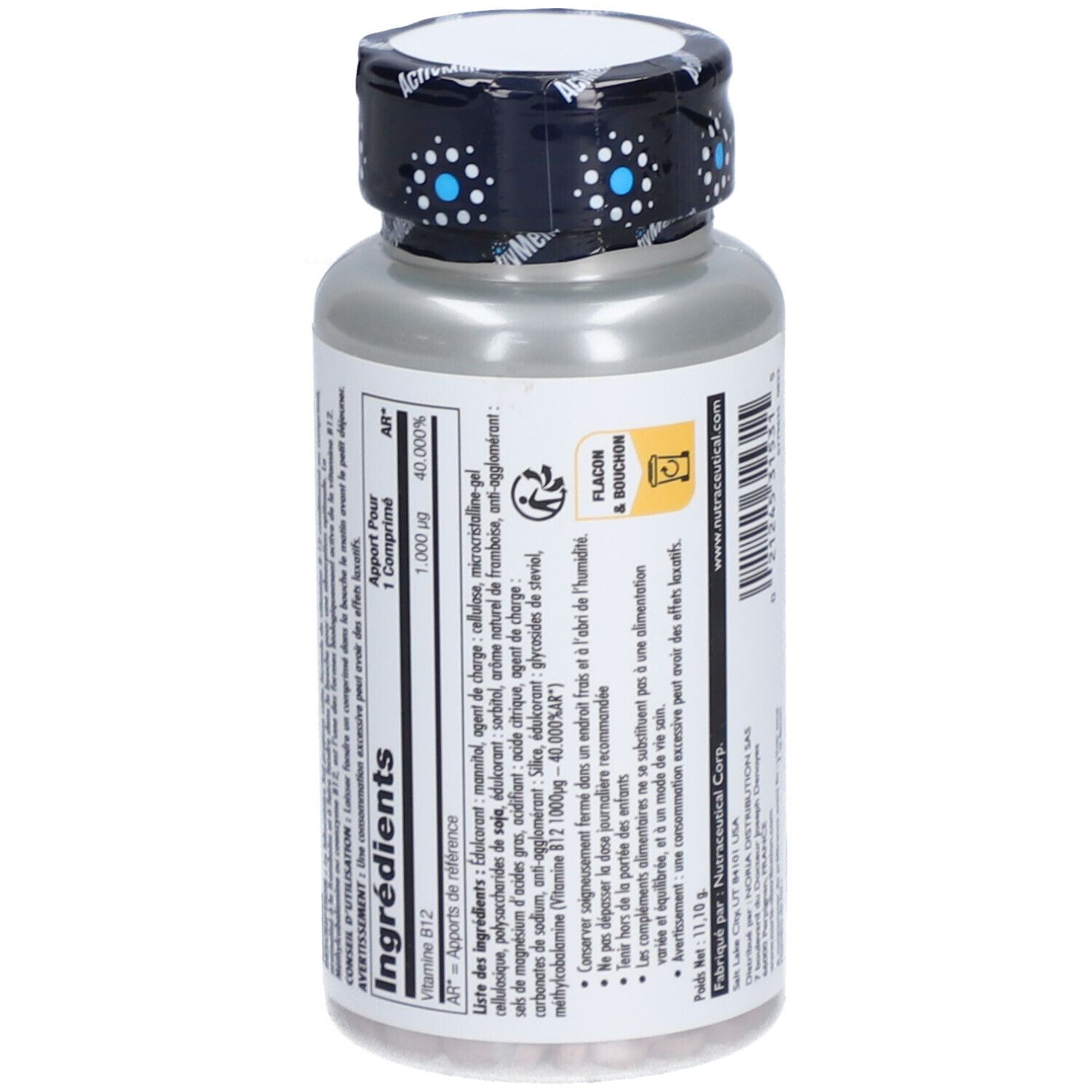 Dos du flacon de B-12 Méthylcobalamine. Liste des ingrédients et informations. Bouchon à pois bleus.