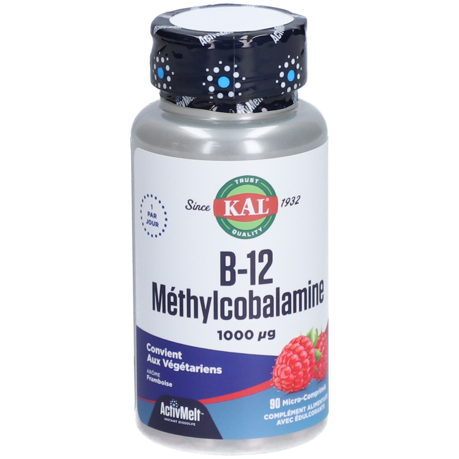 Flacon cylindrique de B-12 Méthylcobalamine. Inscription 'KAL' et framboises. Bouchon à pois bleus.