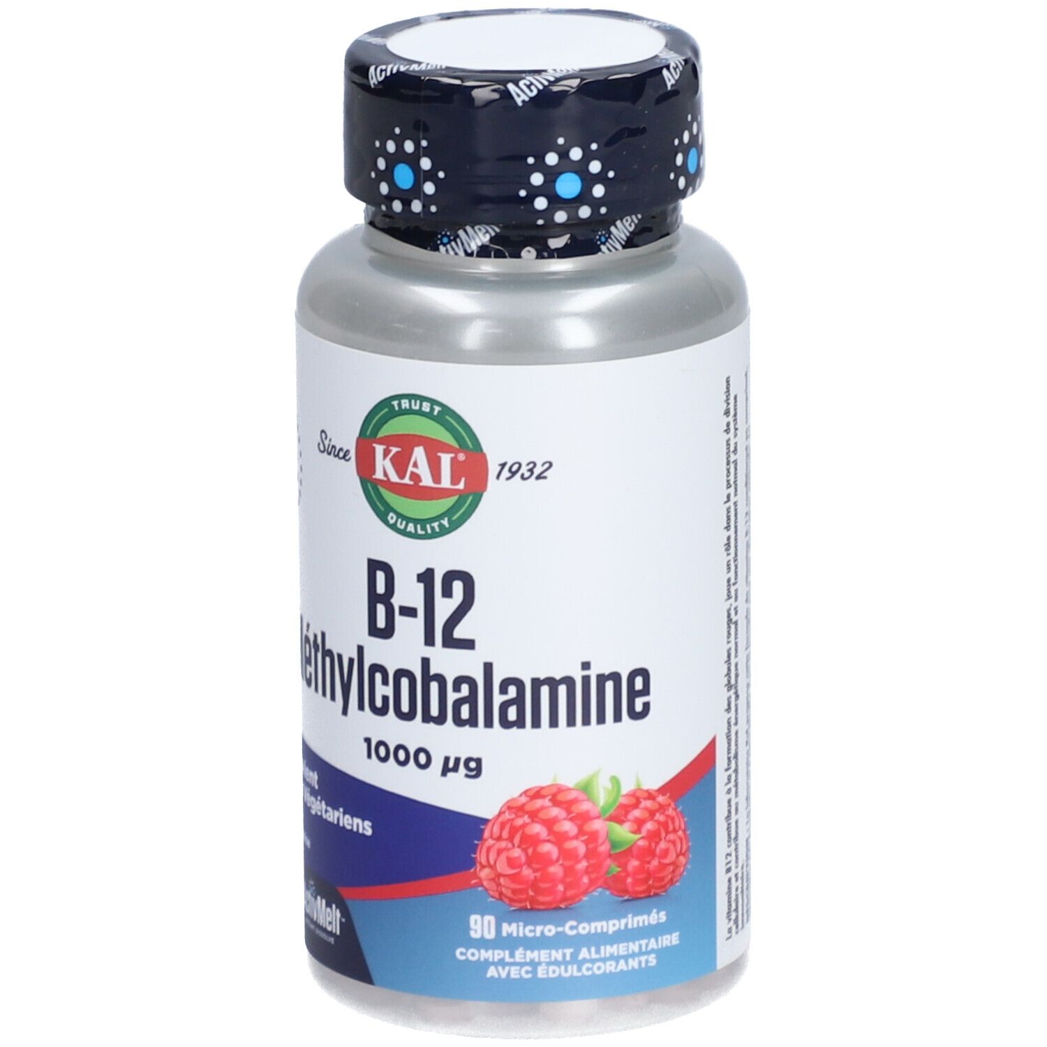 Flacon cylindrique de B-12 Méthylcobalamine. Inscription 'KAL' et framboises. Bouchon à pois bleus.