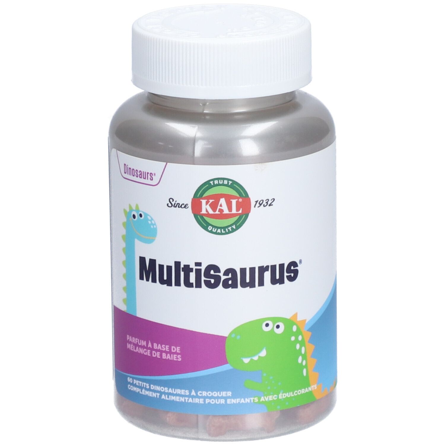 Flacon de compléments alimentaires MultiSaurus pour enfants. Inscription: MultiSaurus, 60 petits dinosaures à croquer.