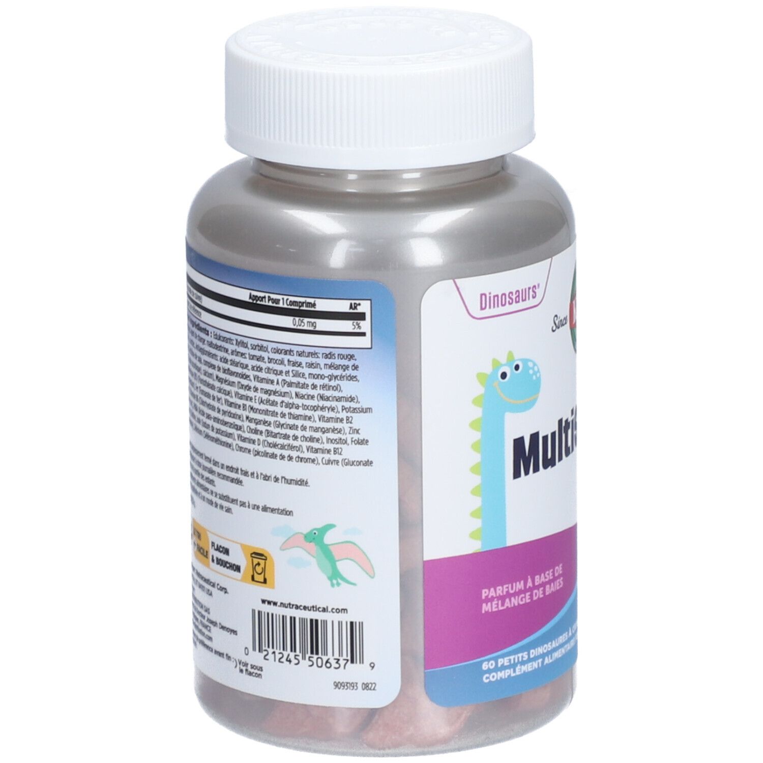 Dos du flacon MultiSaurus. Contient des informations sur les ingrédients et les valeurs nutritionnelles. Avec un design de dinosaure.