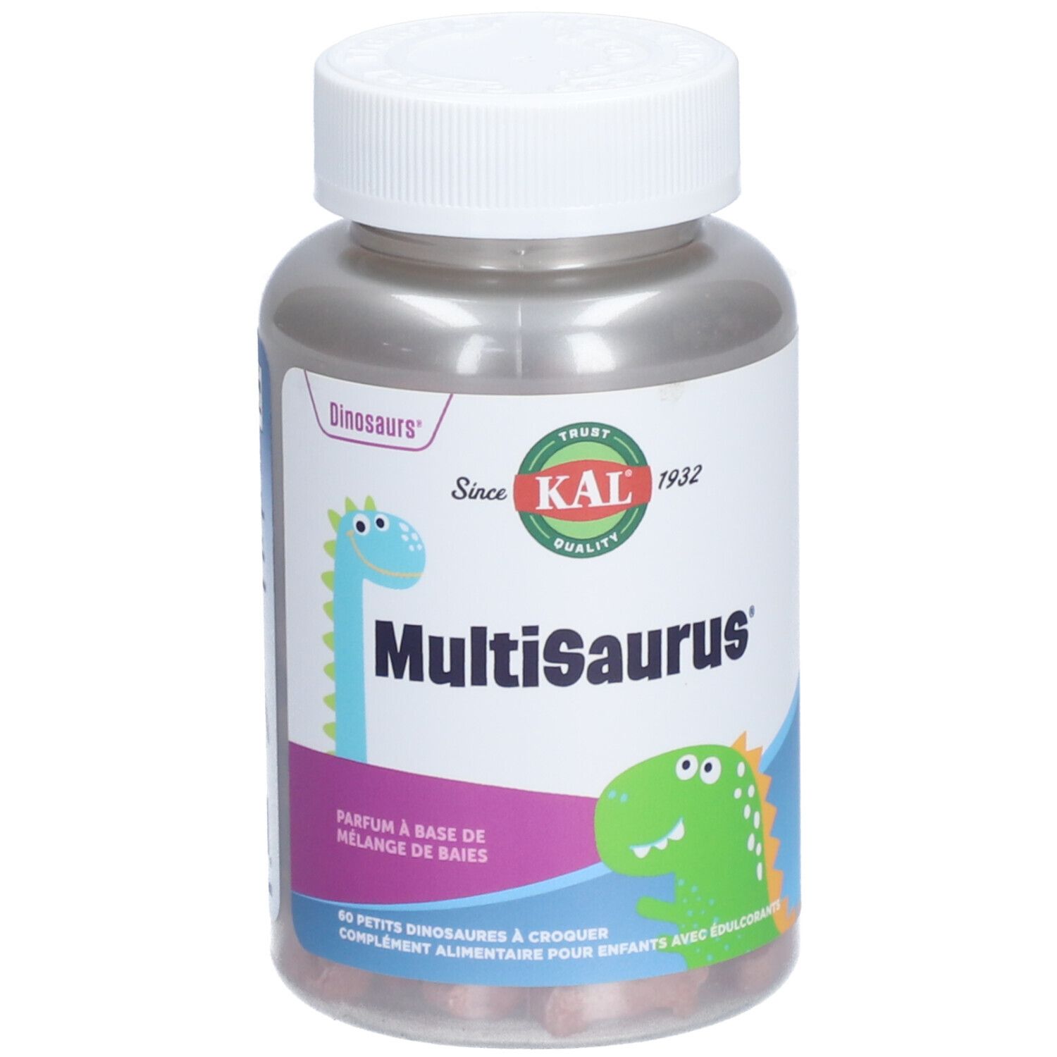 Flacon de compléments alimentaires MultiSaurus pour enfants. Inscription: MultiSaurus, 60 petits dinosaures à croquer.
