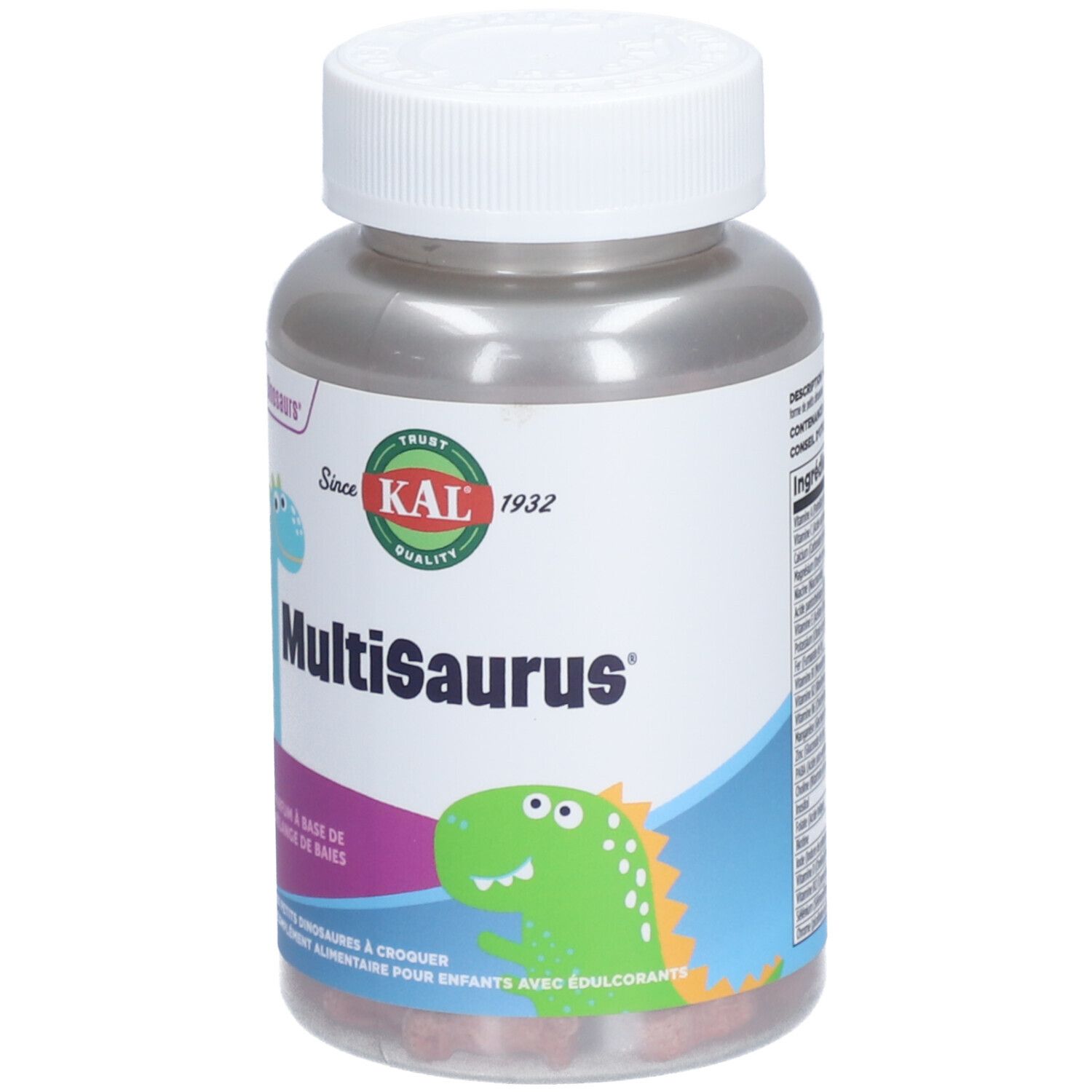 Flacon de compléments alimentaires MultiSaurus pour enfants. Inscription: MultiSaurus, 60 petits dinosaures à croquer.