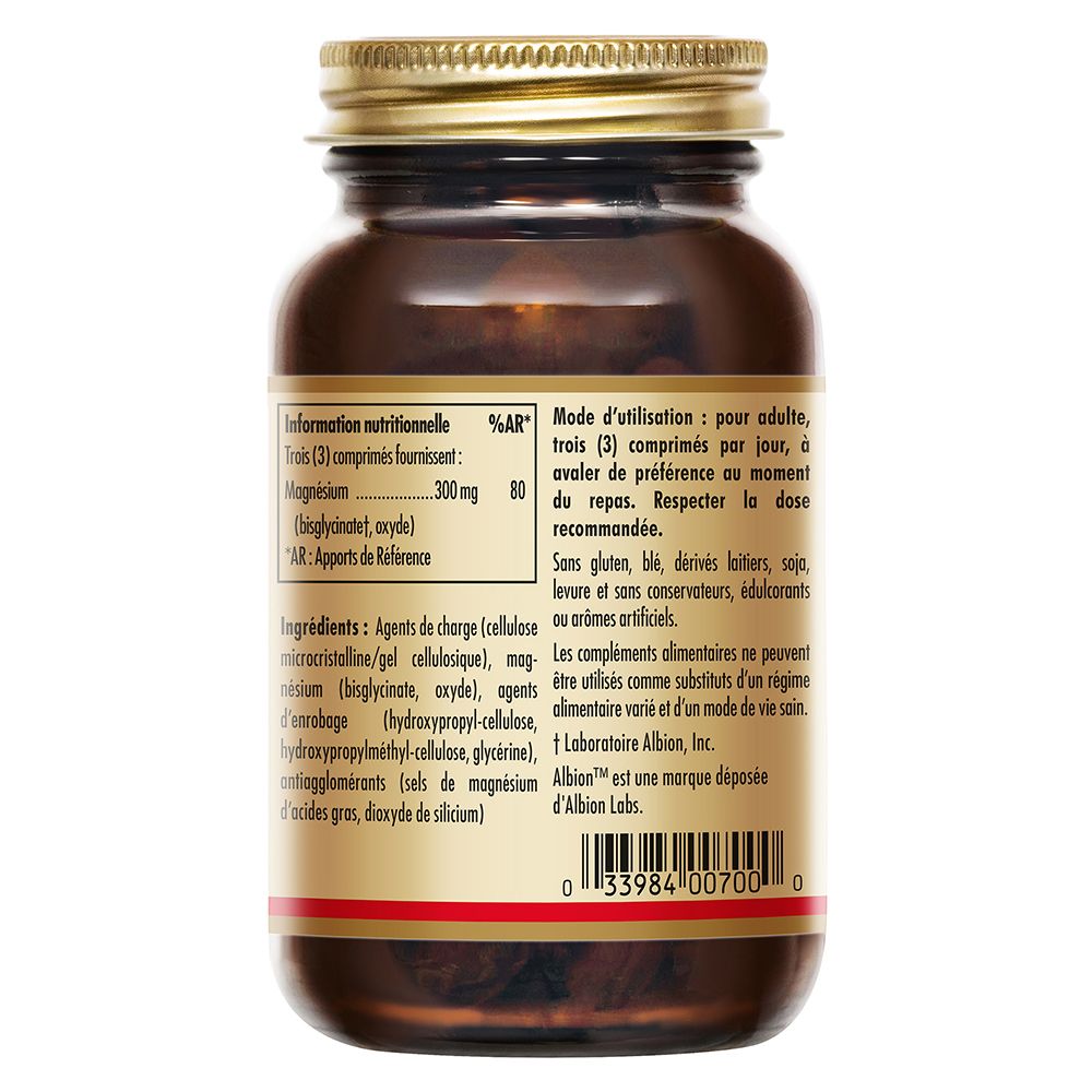 Dos d'un flacon en verre brun avec couvercle doré. Étiquette avec informations nutritionnelles sur le magnésium.