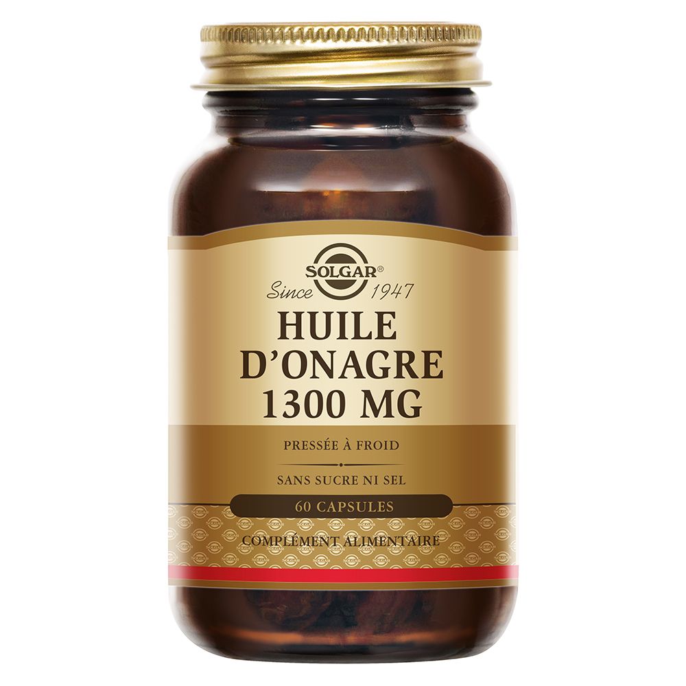 Braune Glasflasche mit goldfarbenem Deckel. Etikett mit Produktinformationen: Huile d'Onagre 1300 mg, 60 Kapseln.