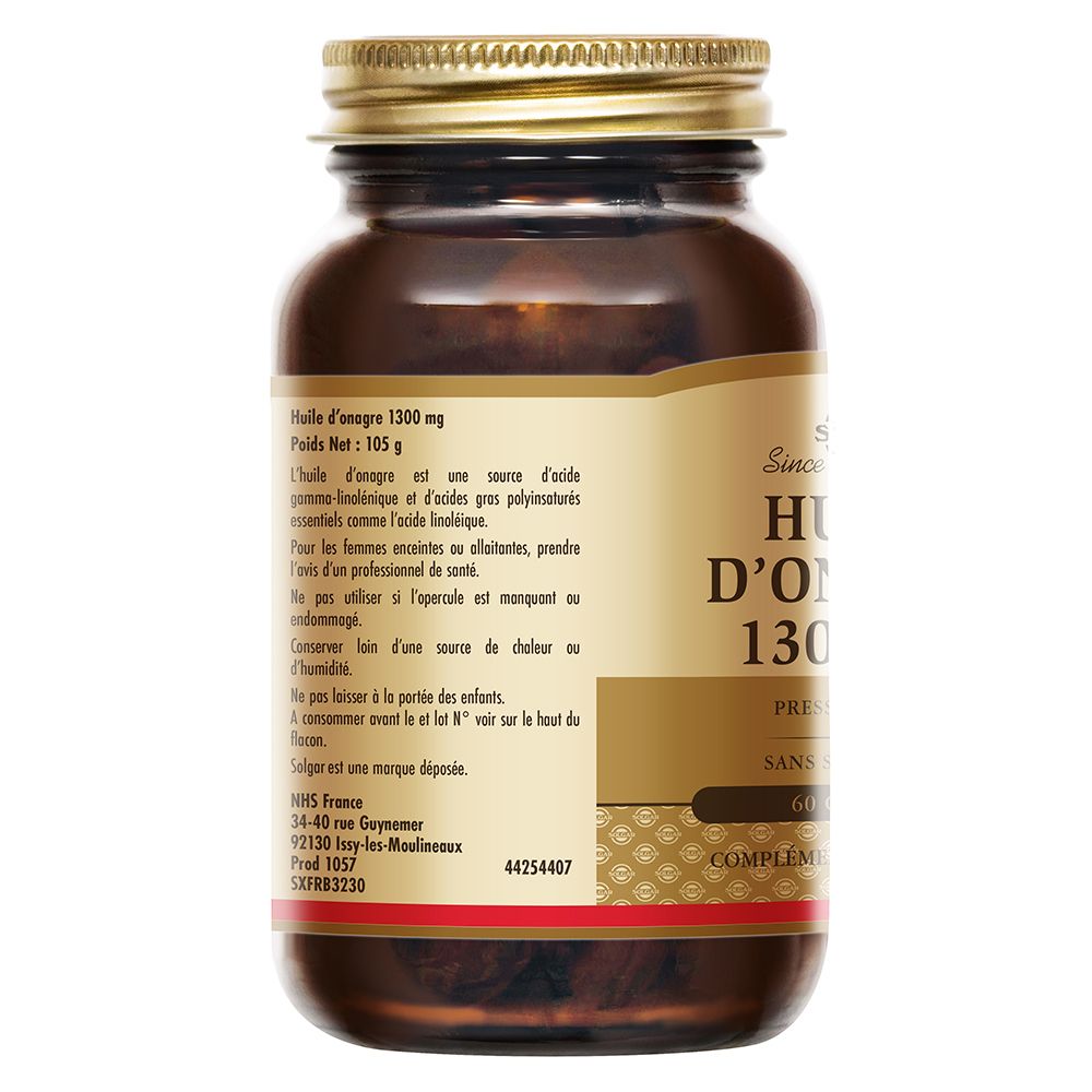 Rückseite der braunen Glasflasche. Etikett mit Produktinformationen und Inhaltsstoffen. Aufschrift: Huile d'Onagre 1300 mg.