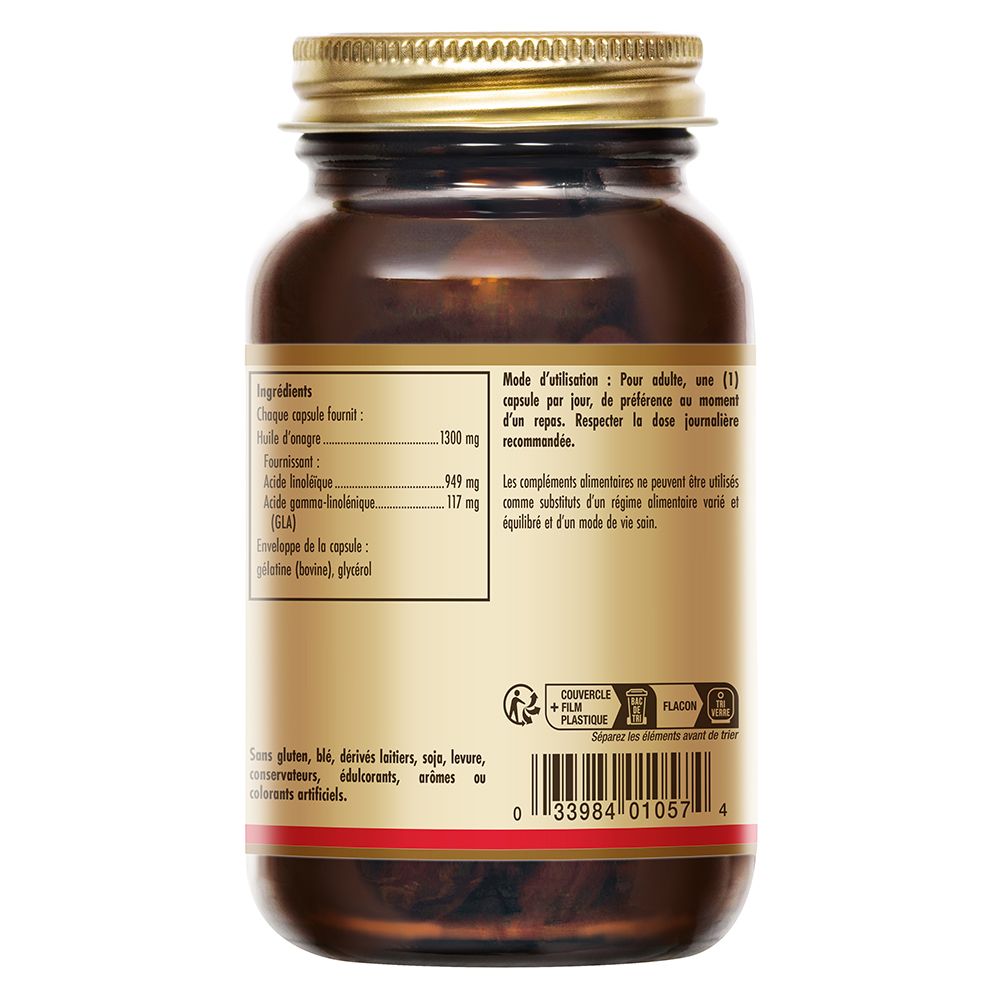 Rückseite der braunen Glasflasche. Etikett mit Inhaltsstoffen und Anwendungshinweisen. Aufschrift: Huile d'Onagre 1300 mg.