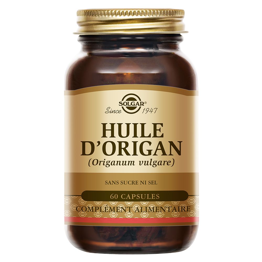 Flacon en verre brun avec couvercle doré. Étiquette avec nom du produit et marque SOLGAR. 60 gélules.