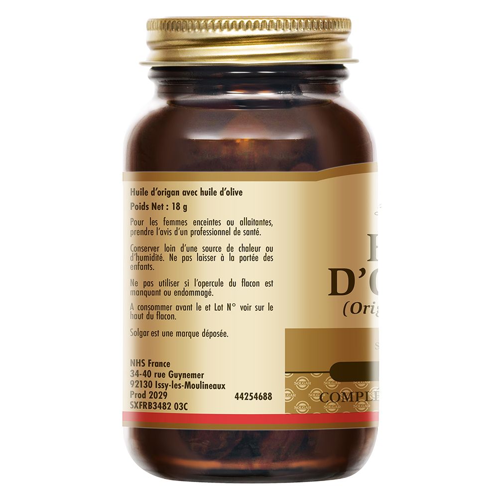 Dos du flacon en verre brun. Étiquette avec informations sur le produit et adresse. Couvercle doré.