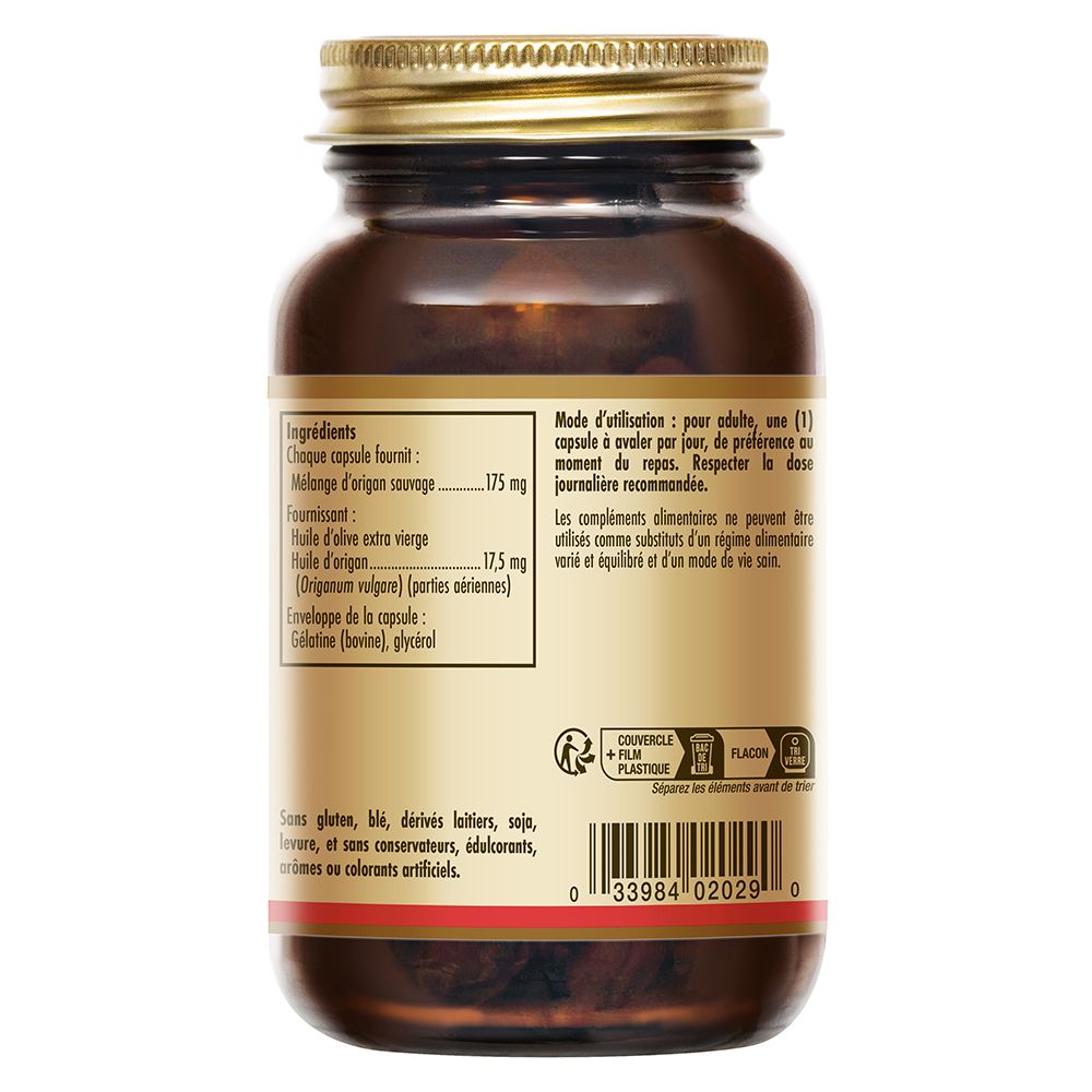 Dos du flacon en verre brun. Étiquette avec ingrédients et instructions d'utilisation. Couvercle doré.