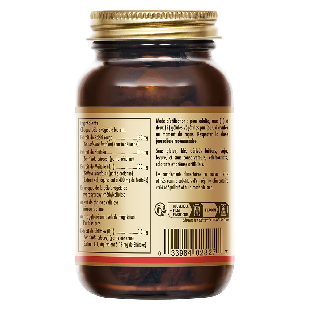 Dos du flacon. Étiquette avec ingrédients, recommandation de dosage et avertissements.