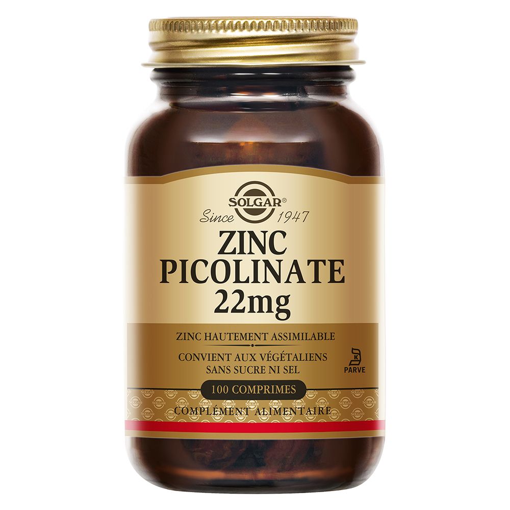 Flacon en verre brun avec couvercle doré. Étiquette avec informations produit : Zinc Picolinate 22mg, 100 comprimés.