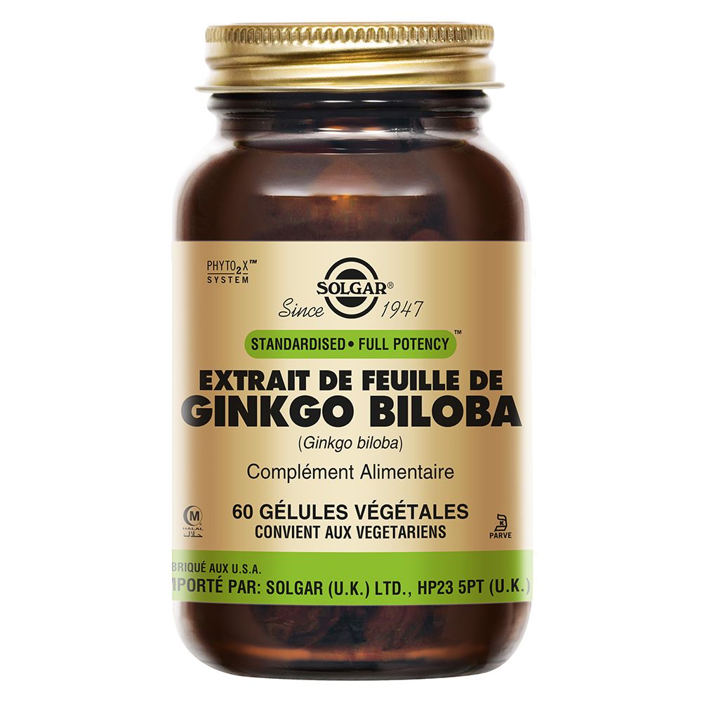 Flacon en verre brun avec couvercle doré. Étiquette avec logo SOLGAR et texte: Extrait de feuille de Ginkgo Biloba, 60 gélules.
