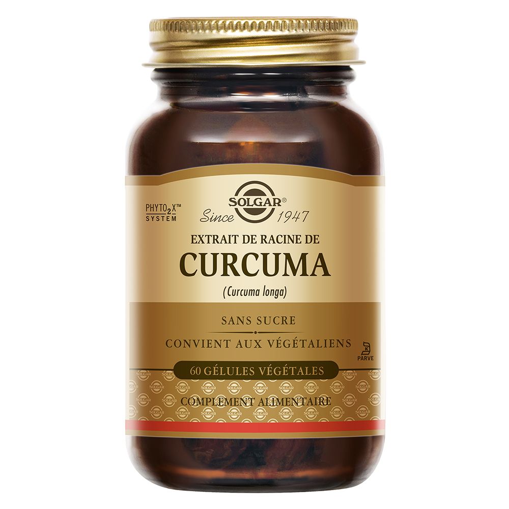 Flacon en verre brun avec bouchon doré. Étiquette avec SOLGAR, CURCUMA et autres informations.