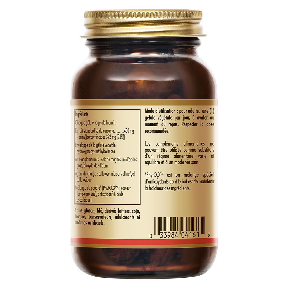 Dos du flacon. Étiquette avec ingrédients, dont extrait de curcuma. Mode d'emploi.
