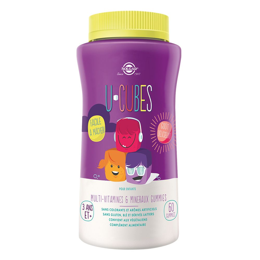 Flacon violet avec bouchon jaune. Inscription : U-CUBES, Multi-vitamines & minéraux gummies. Pour enfants dès 3 ans.
