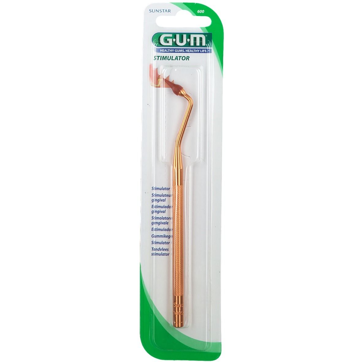 GUM Stimulateur Gingival. Manche en métal, embout en caoutchouc rouge. Emballage blister. Marque GUM.