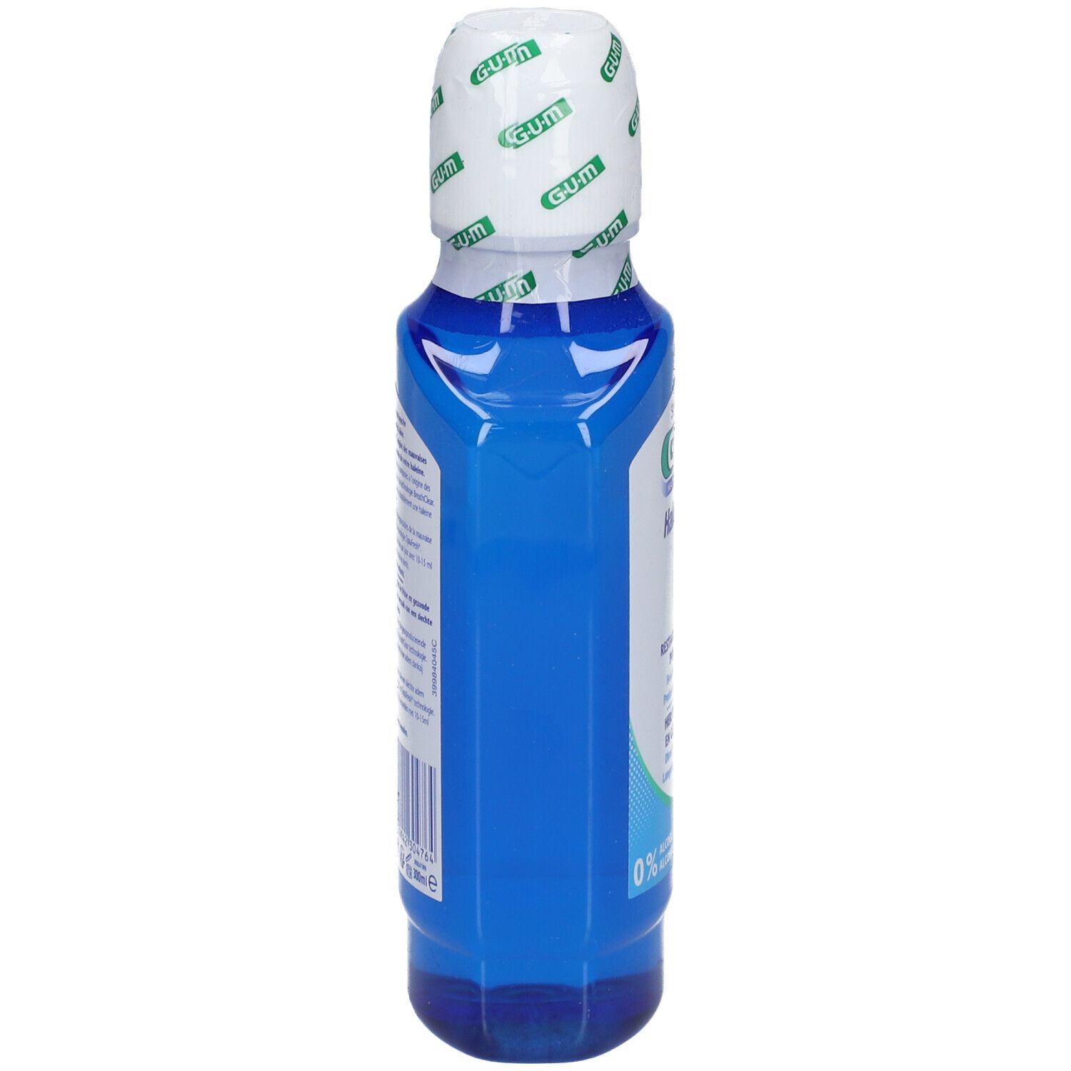 Flacon de bain de bouche bleu avec bouchon blanc. Logo GUM sur le bouchon. Étiquette avec texte.