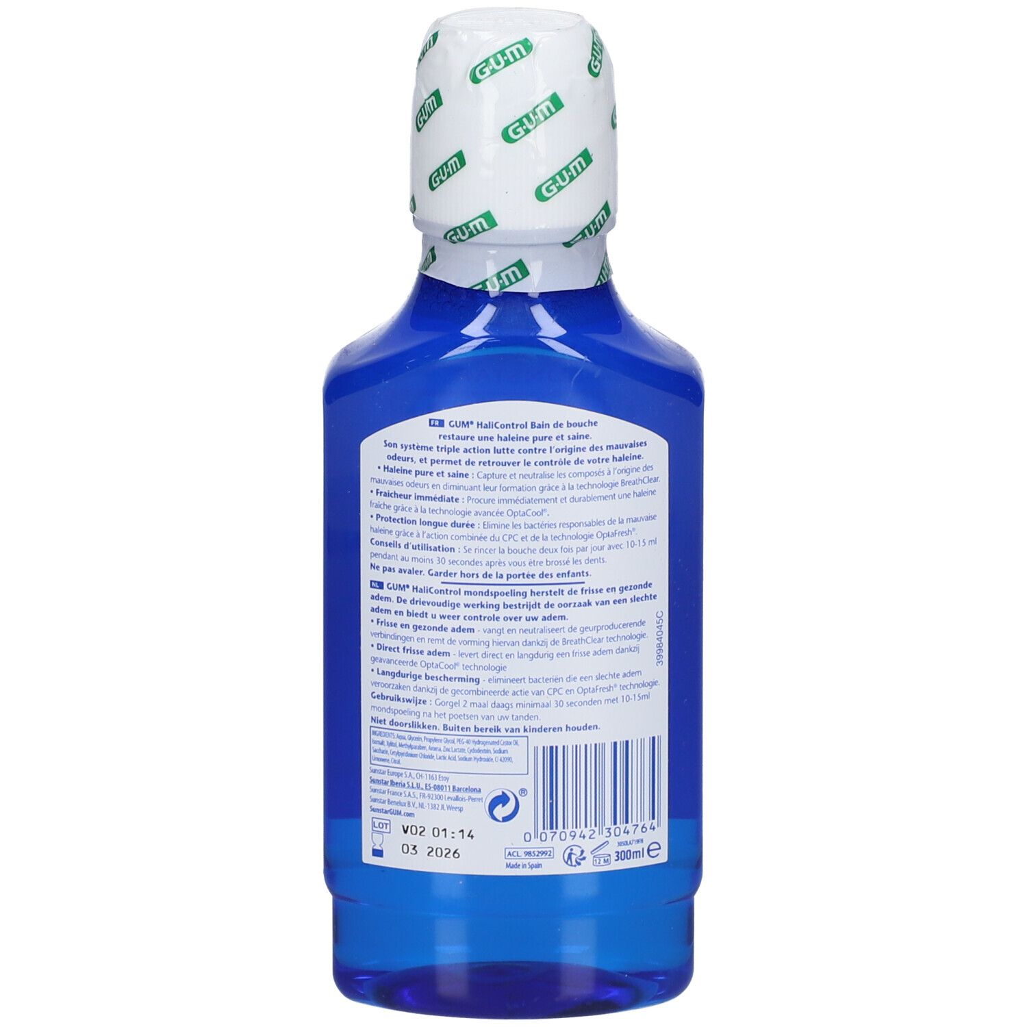 Dos d'un flacon de bain de bouche bleu. Texte sur l'étiquette. Bouchon blanc avec logo GUM.