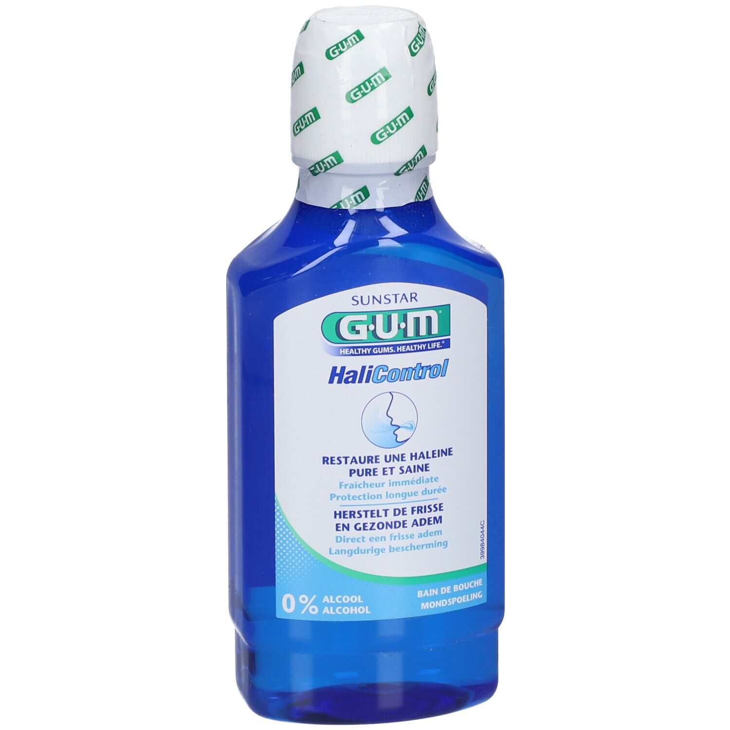 Flacon de bain de bouche bleu avec bouchon blanc. Étiquette GUM HaliControl. 0% alcool.