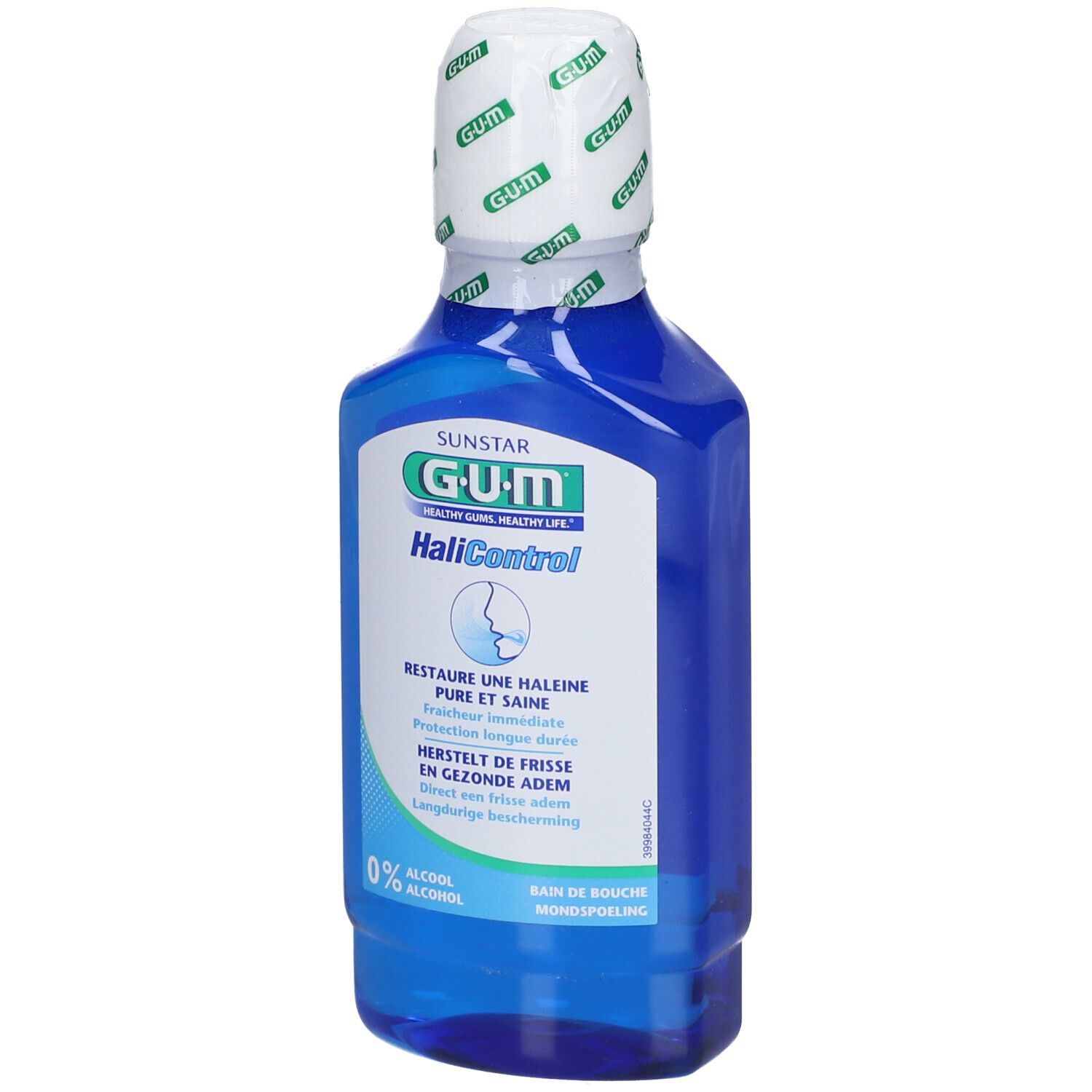 Flacon de bain de bouche bleu avec bouchon blanc. Étiquette GUM HaliControl. 0% alcool.