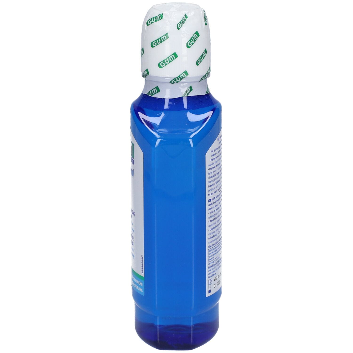 Flacon de bain de bouche bleu avec bouchon blanc. Logo GUM sur le bouchon. Étiquette avec texte.
