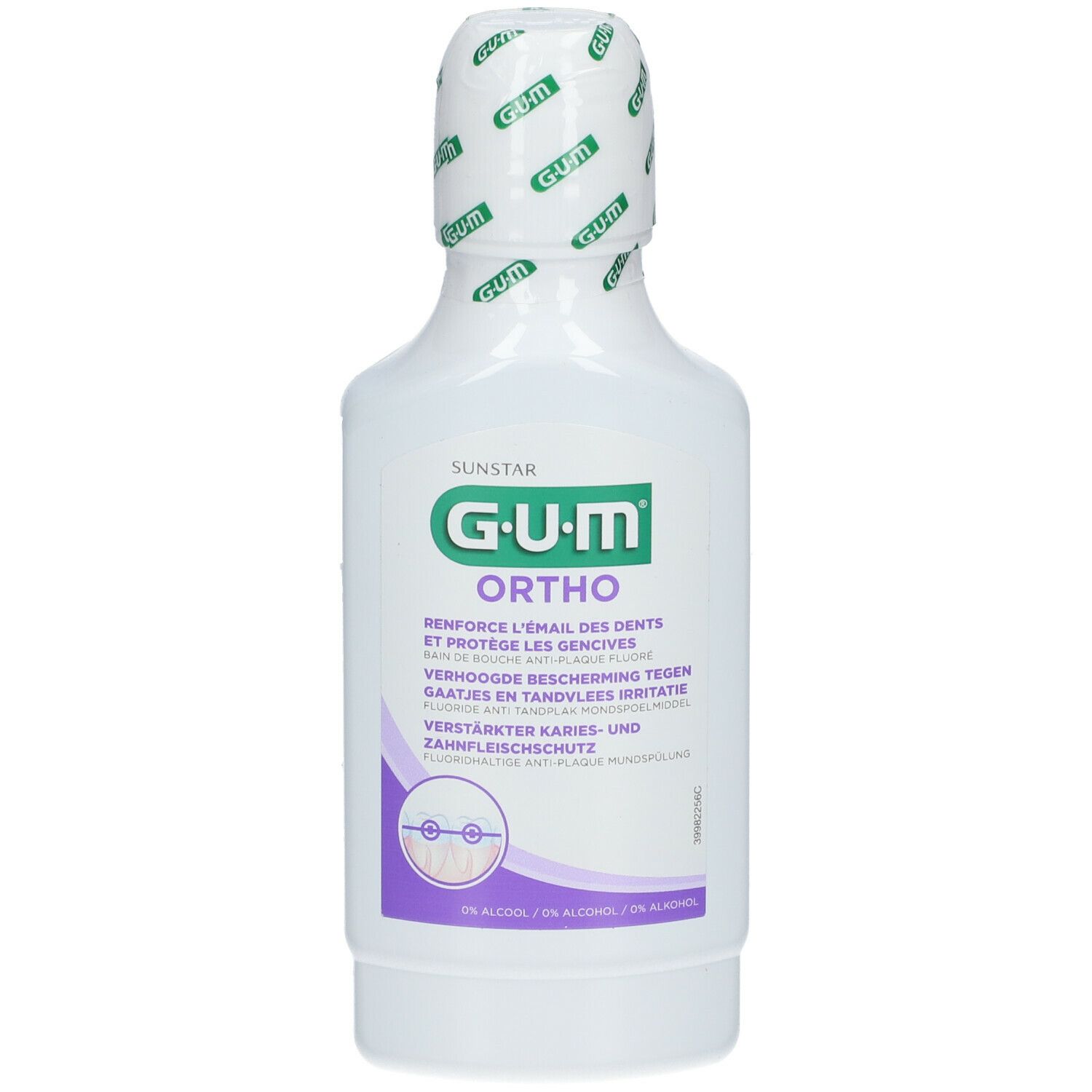 Flacon blanc GUM Ortho bain de bouche. Étiquette verte et blanche avec nom et logo du produit. Protection contre les caries et l'irritation des gencives.