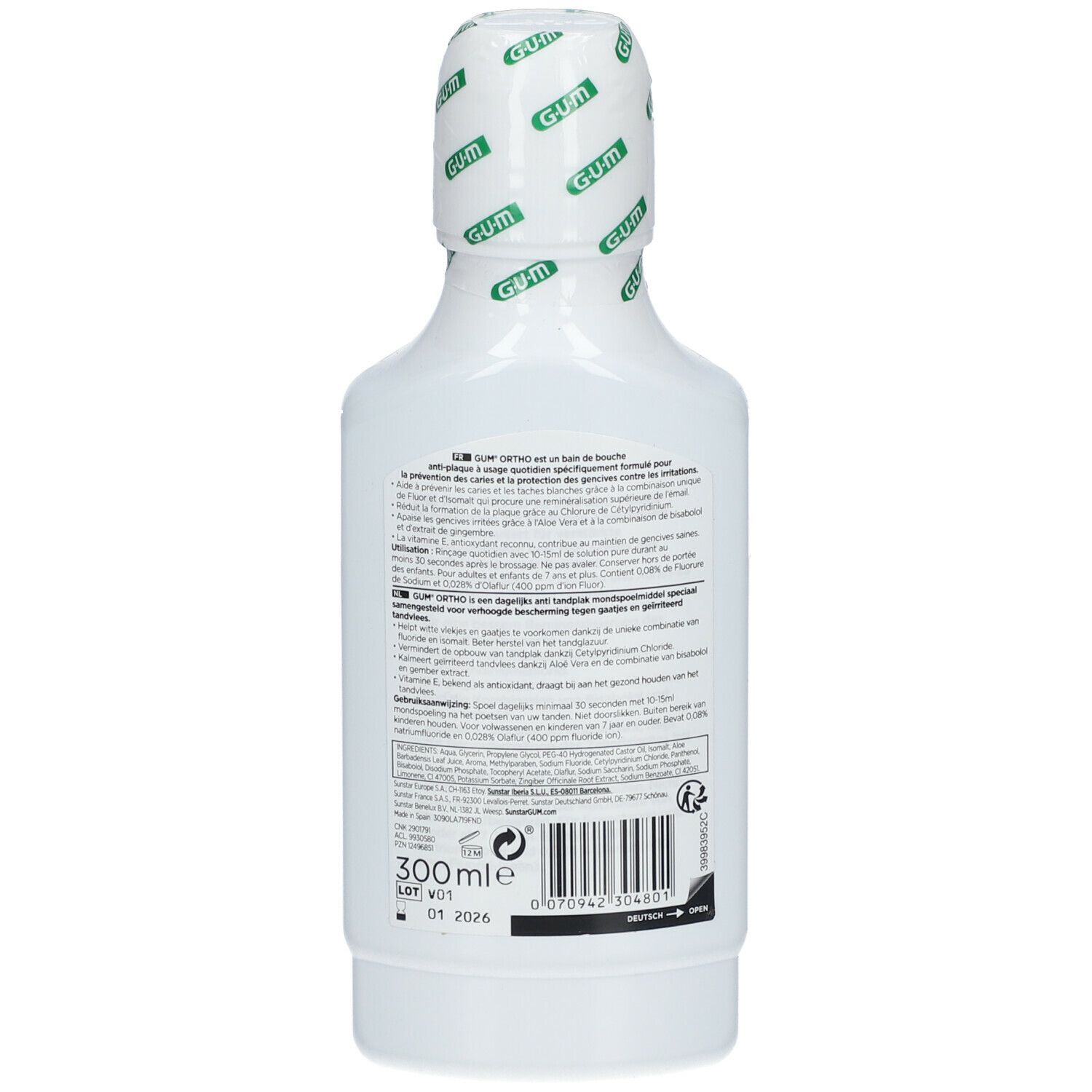 Dos du flacon de bain de bouche GUM Ortho. Contient des informations textuelles et un code-barres. Volume : 300 ml. Date de péremption : 01 2026.