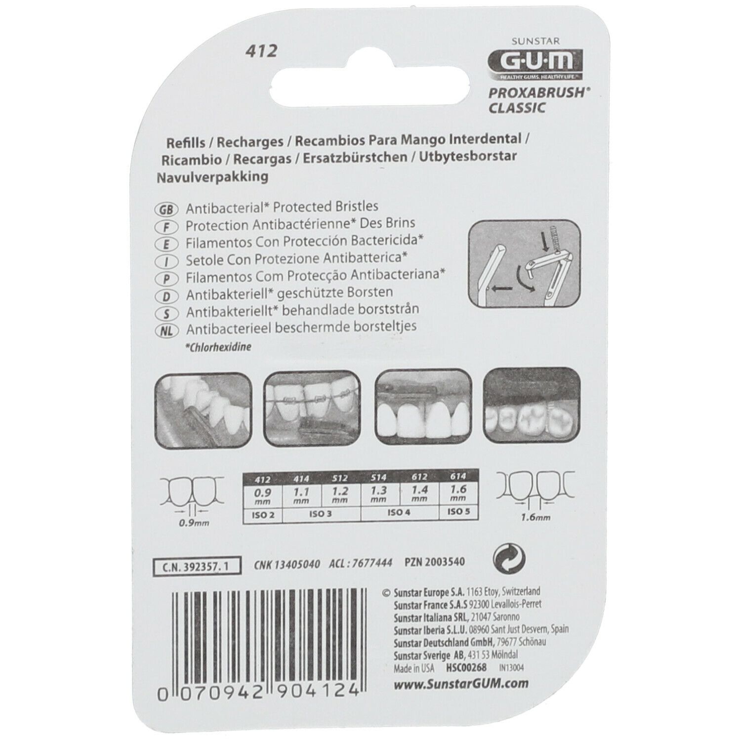 Rückseite der GUM Proxabrush Classic Verpackung. Informationen zu Nachfüllungen, Größen und Borsten.