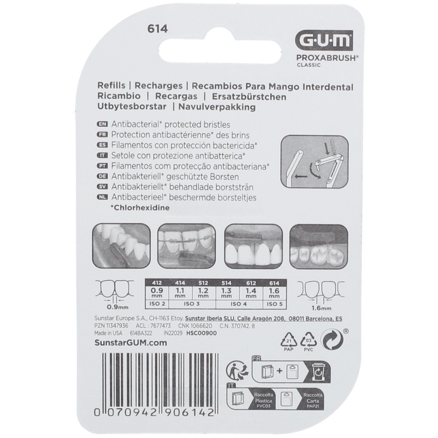 Rückseite der GUM Proxabrush Classic Packung. Informationen zu Nachfüllungen und Größen. Abbildungen von Zähnen.