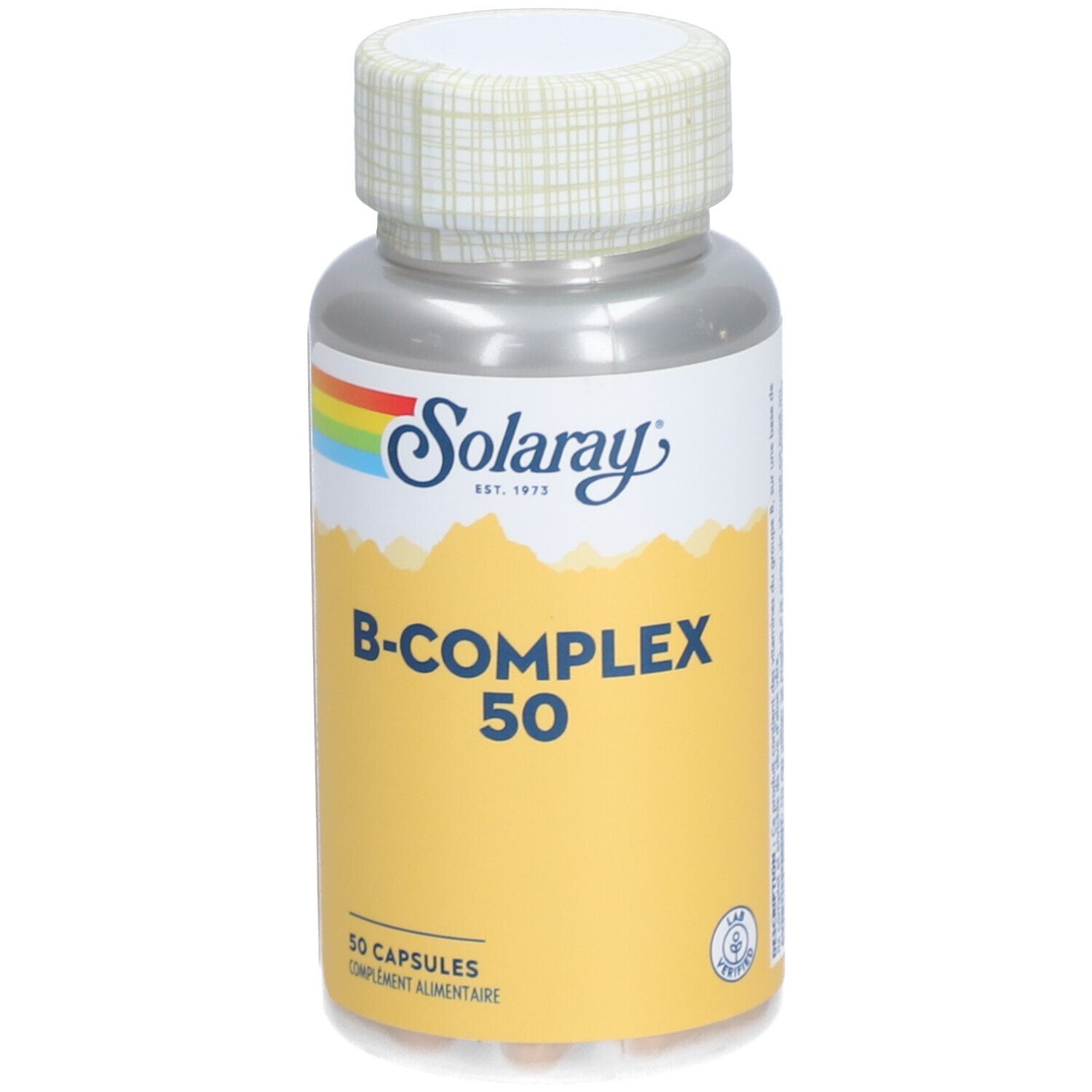 Flacon argenté, bouchon blanc. Inscription: Solaray B-COMPLEX 50. Contient 50 capsules.