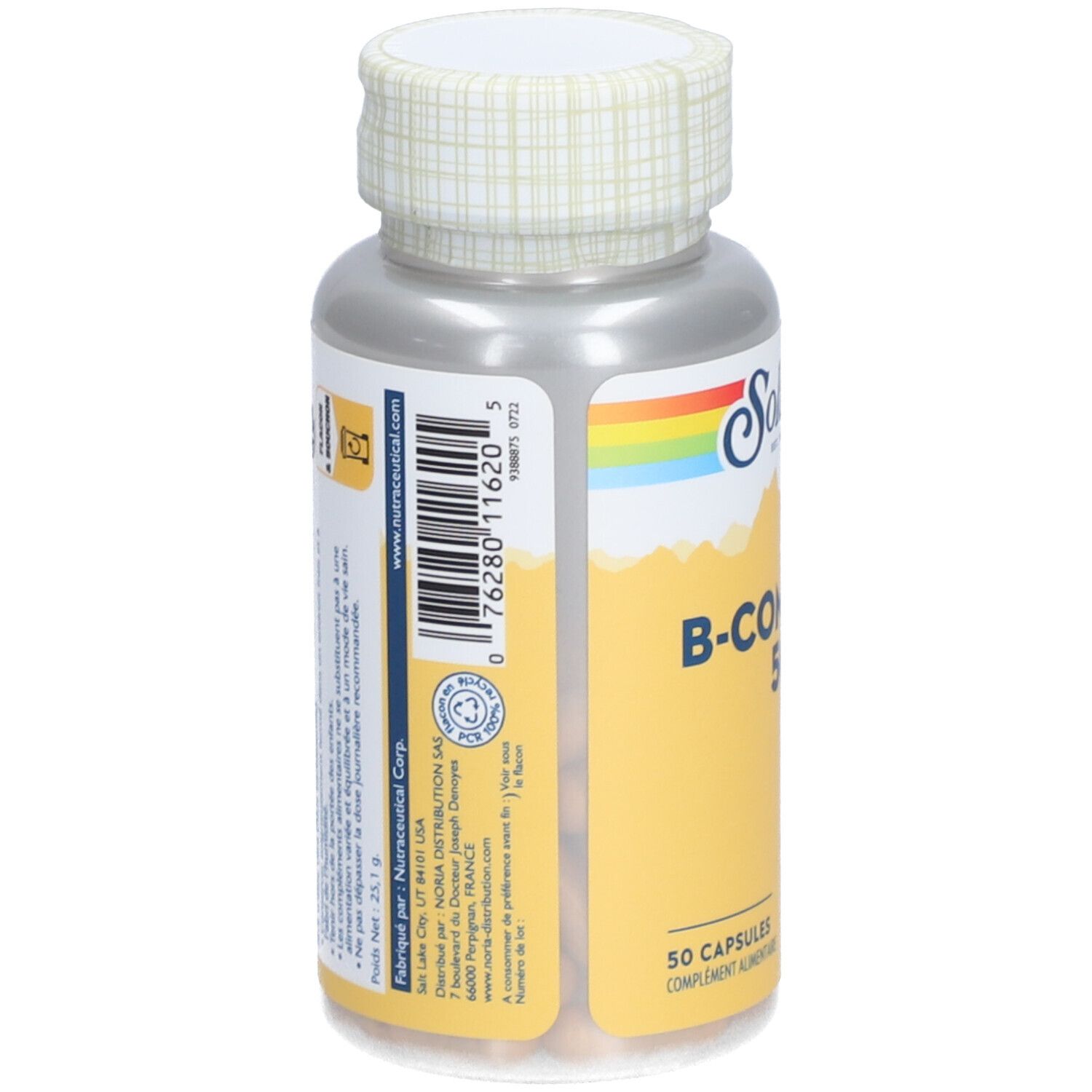Dos du flacon. Code-barres et informations. Inscription: Solaray B-COMPLEX 50. Contient 50 capsules.