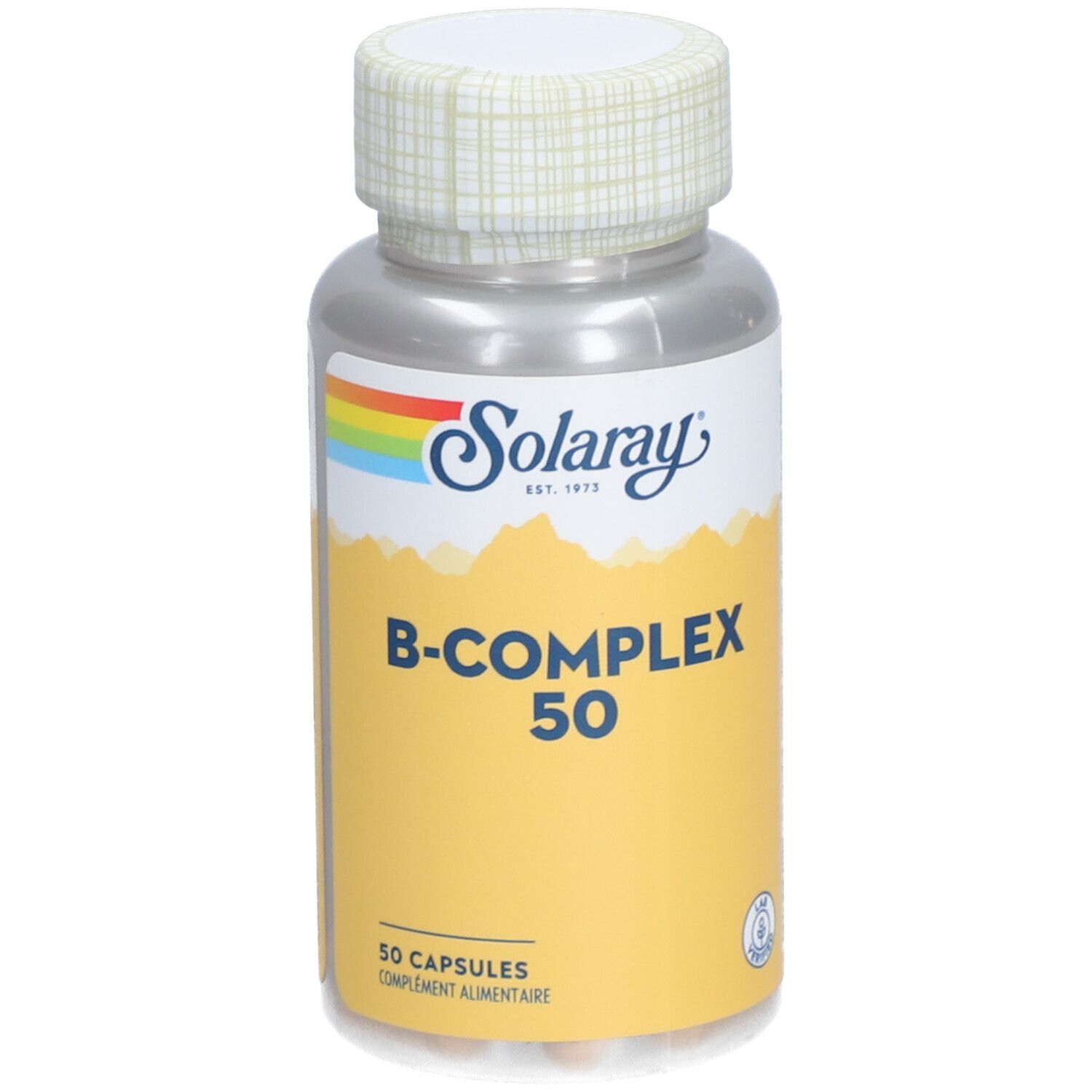 Flacon argenté, bouchon blanc. Inscription: Solaray B-COMPLEX 50. Contient 50 capsules.
