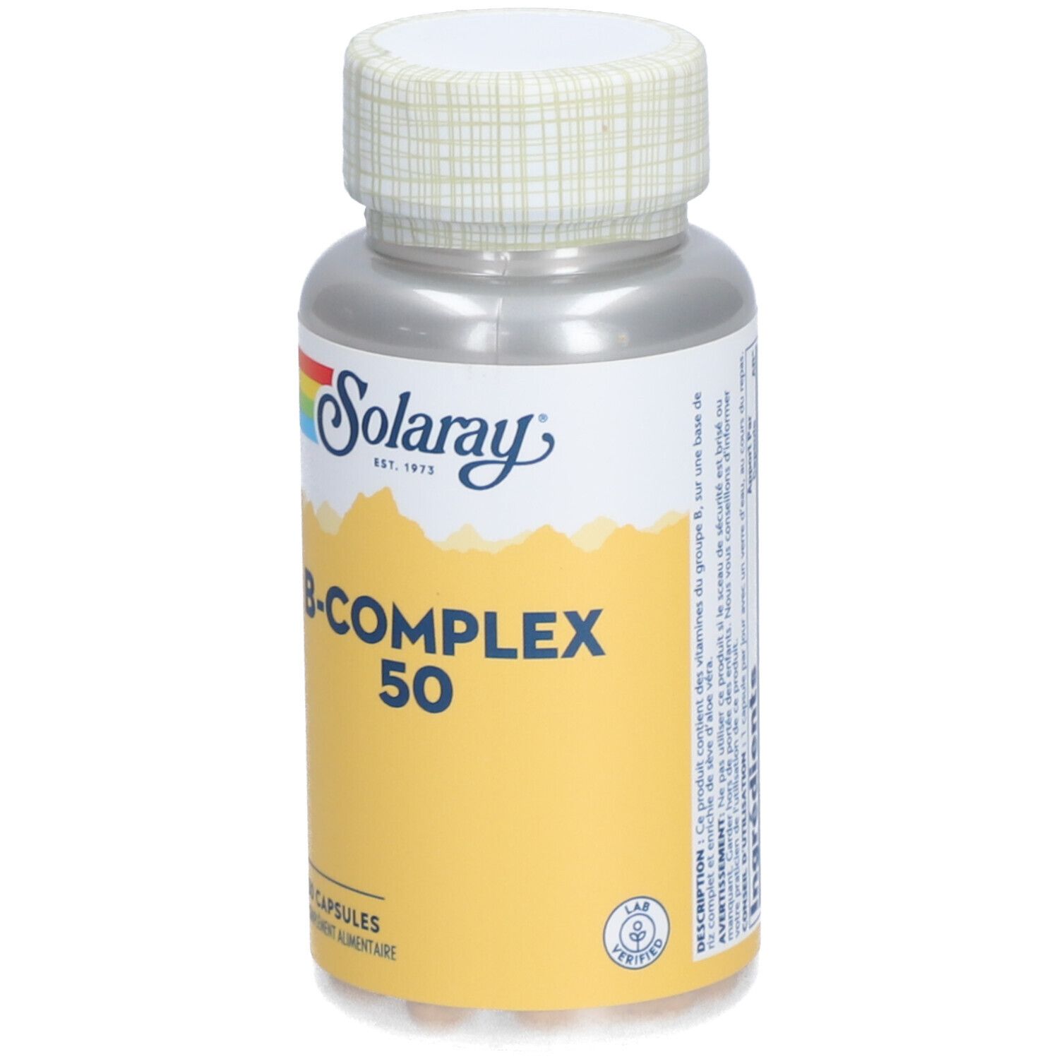 Flacon argenté, bouchon blanc. Inscription: Solaray B-COMPLEX 50. Contient 50 capsules.