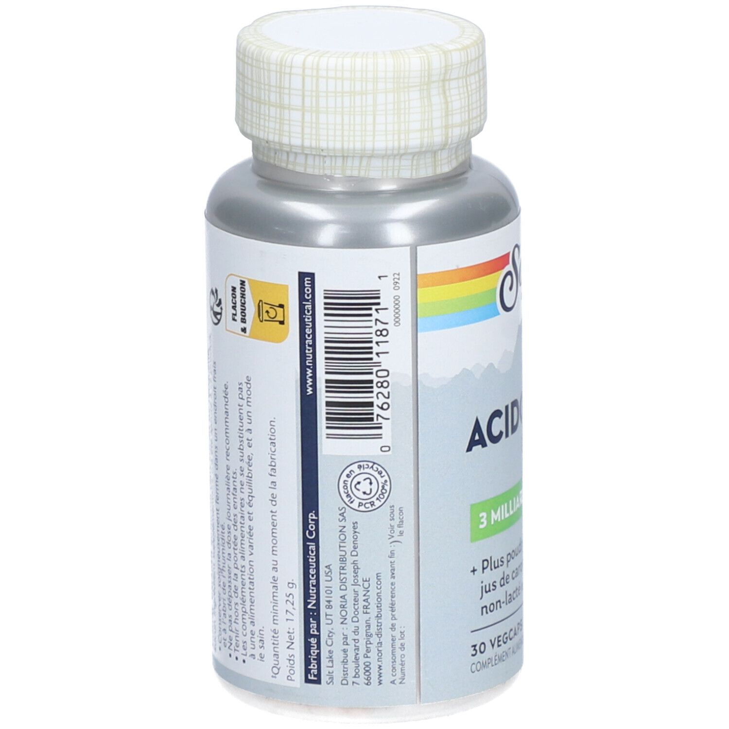 Rückseite der Dose SOLARAY ACIDOPHILUS PLUS. Barcode, Text, Logo. Informationen zu Inhaltsstoffen und Hersteller.