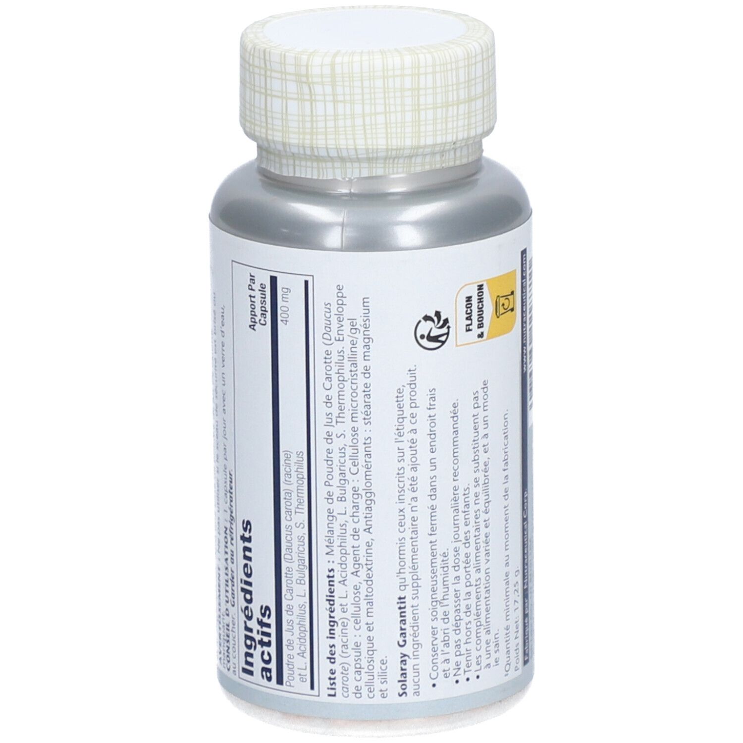 Dose SOLARAY ACIDOPHILUS PLUS. Auflistung der Inhaltsstoffe. Text in französischer Sprache. Informationen zur Anwendung.