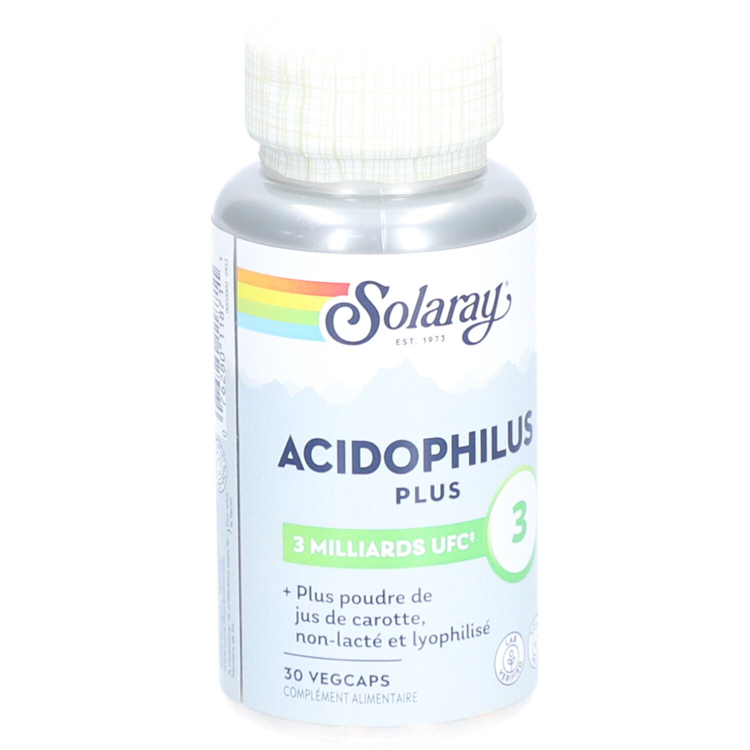 Dose SOLARAY ACIDOPHILUS PLUS. Aufschrift: 3 Milliarden UFC, 30 Vegicaps. Regenbogen-Logo und grüne Elemente.