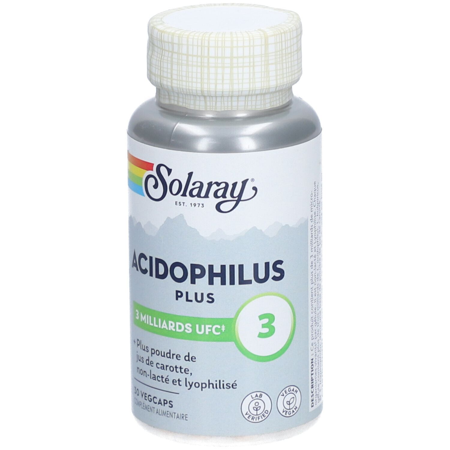 Dose SOLARAY ACIDOPHILUS PLUS. Aufschrift: 3 Milliarden UFC, 30 Vegicaps. Vegan- und Lab-Zertifizierungen.